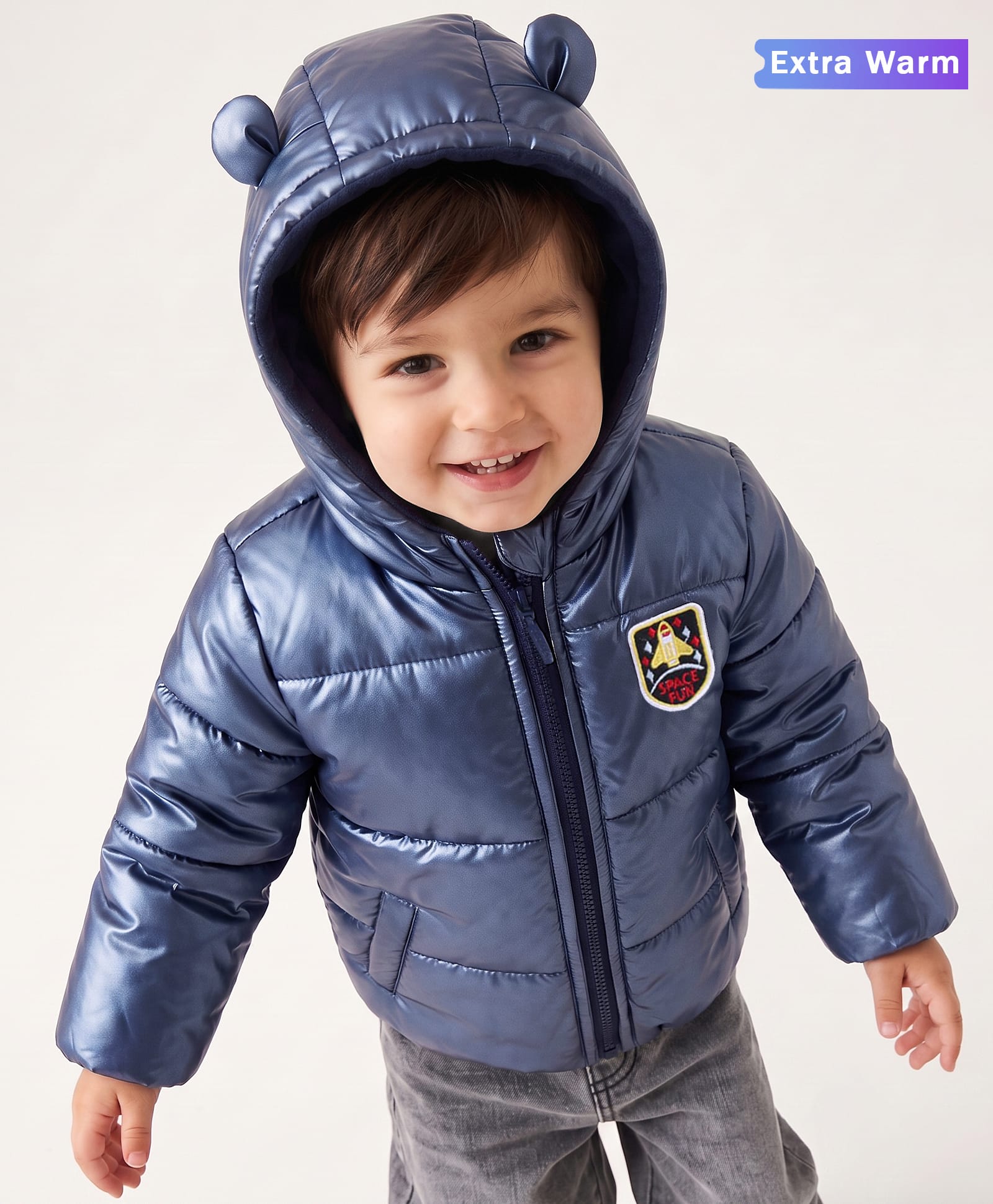 Babyoye Full Sleeves Spaceship Patched Winter Wear Hooded Jacket - Blue-image-45