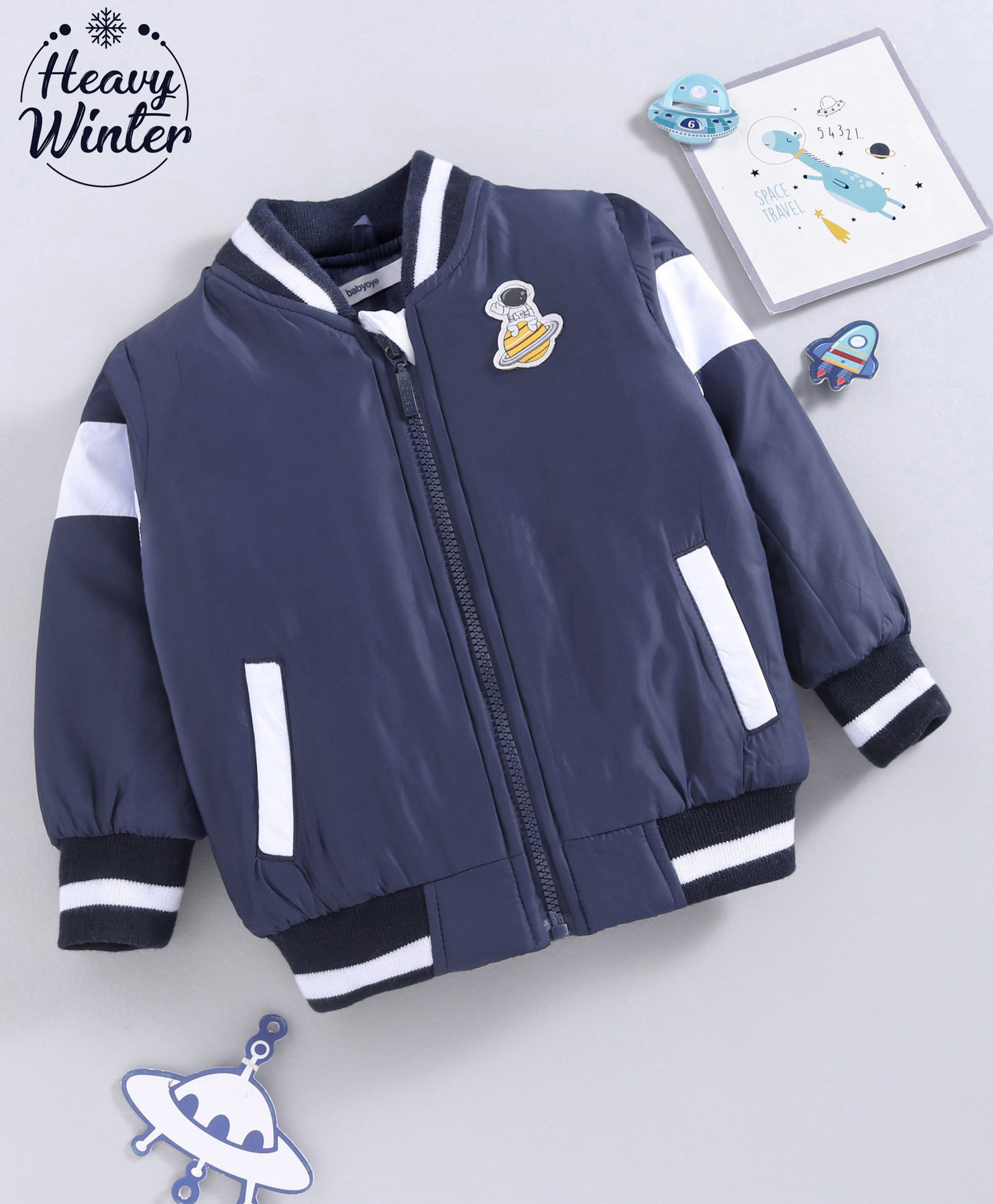 Babyoye Full Sleeves Space Patched Bomber Jacket - Blue-image-41