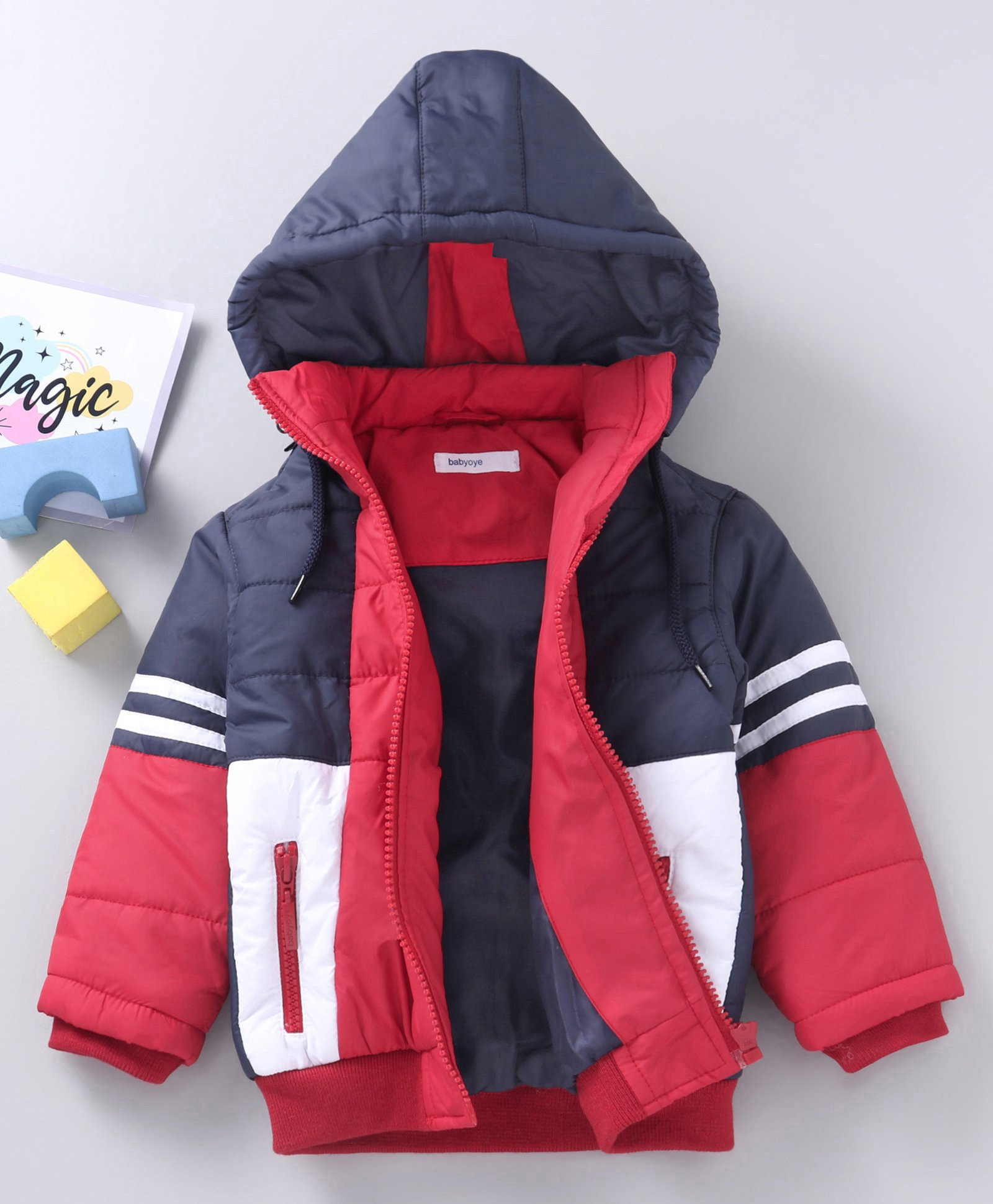 Babyoye Full Sleeves Hooded Jacket Color Block Print- Red-image-11