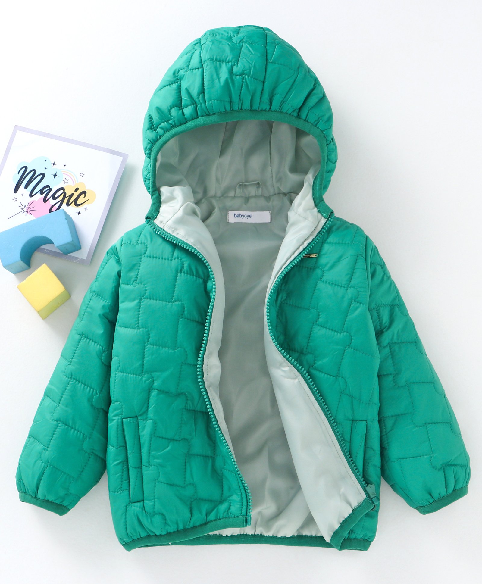 Babyoye Full Sleeves Quilted Feather Lite Light Weight Warm Hooded Solid Color Jacket - Green-image-38