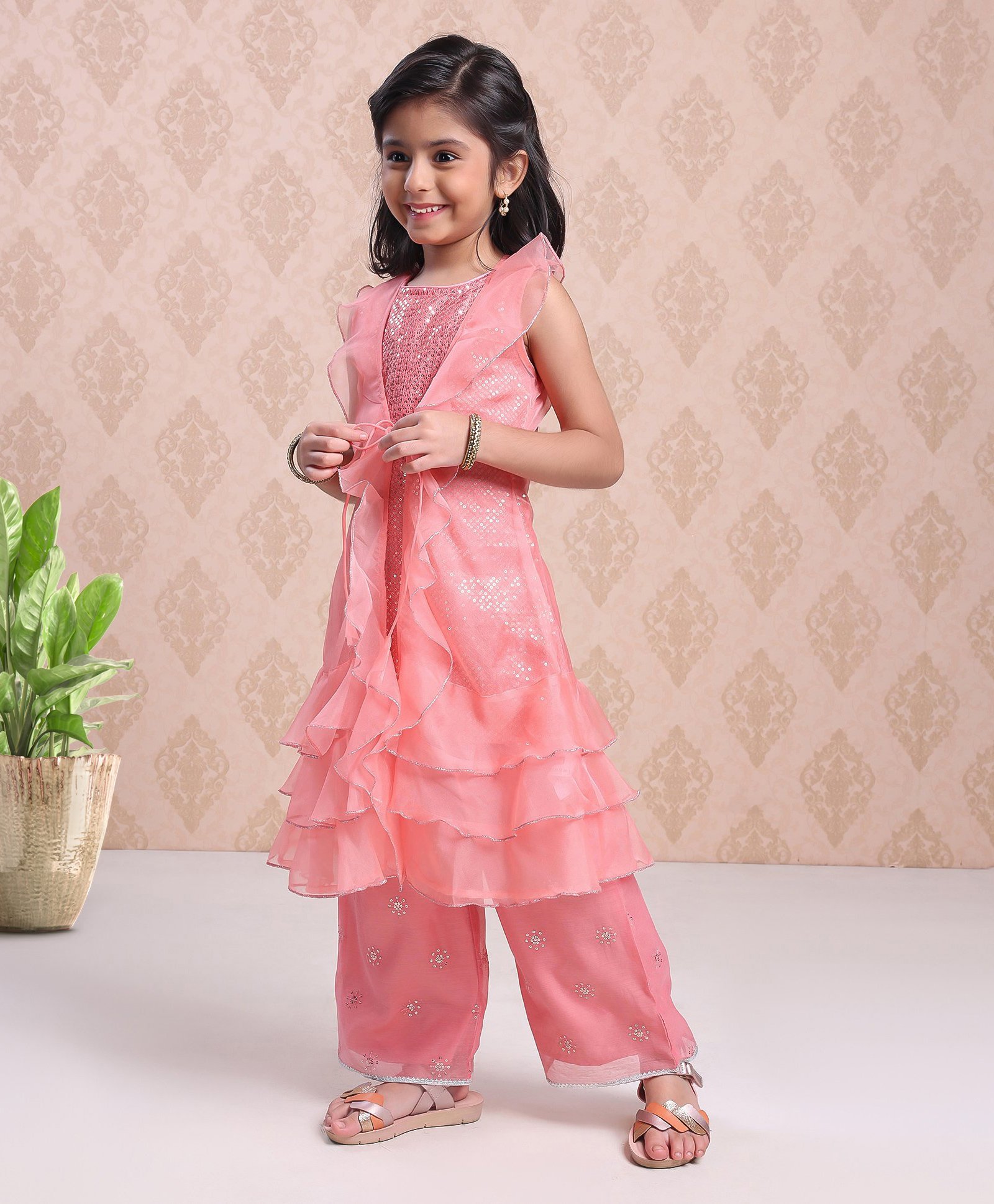 Babyhug Sleeveless Sequinned Kurti With Attached Jacket Style Duptta & Sharara - Light Pink-image-1