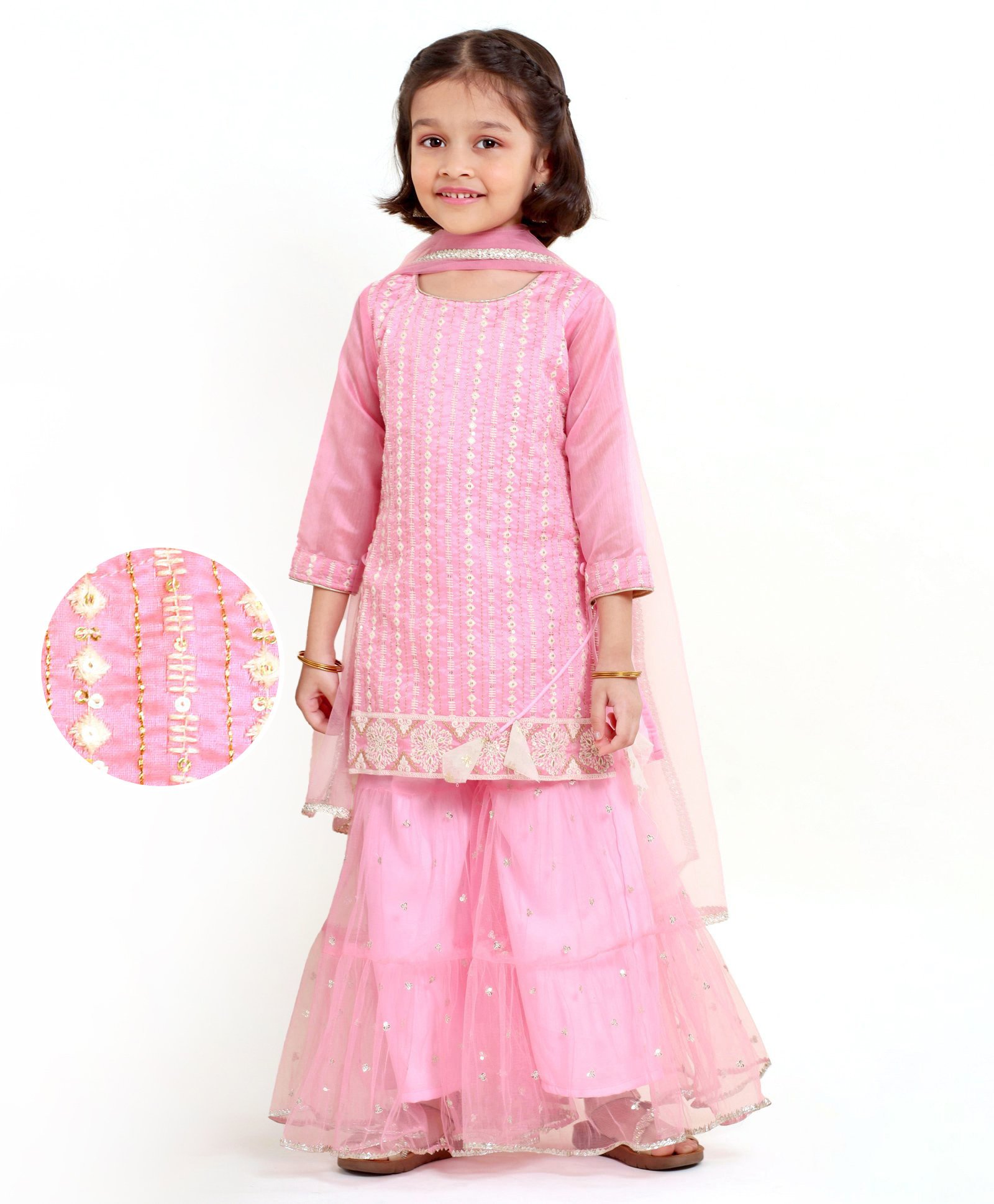 Babyhug Three Forth Sleeves Kurti & Sharara With Dupatta Sequin Embroidery - Candy Pink-image-42