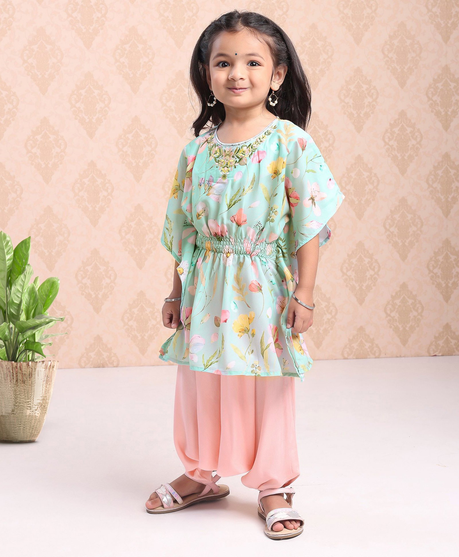 Babyhug Bat Wing Sleeves Top & Cowl Pant Set Floral Print - Green-image-10