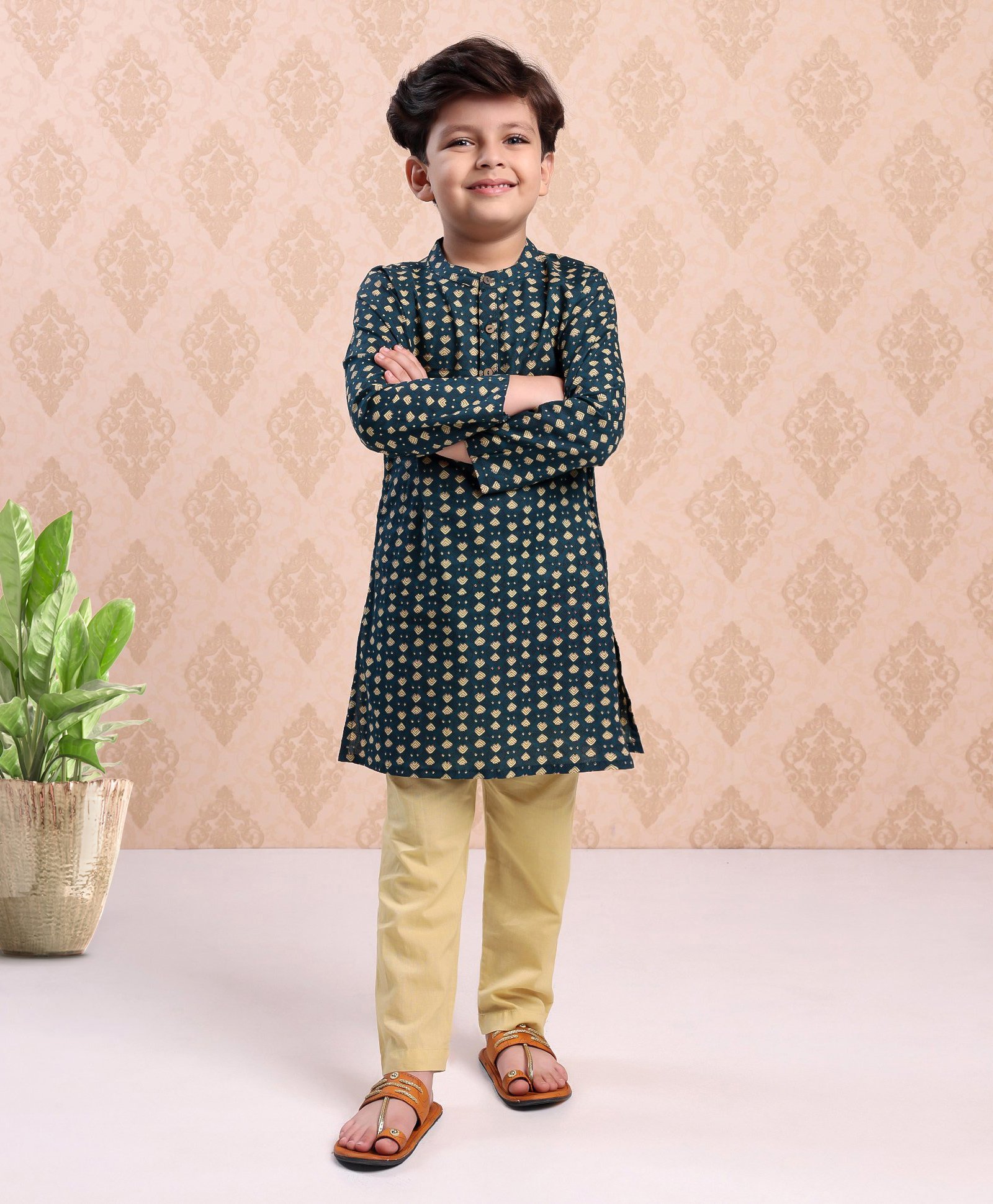 Babyhug Full Sleeves Cotton Kurta & Pyjama Set Printed- Teal-image-41