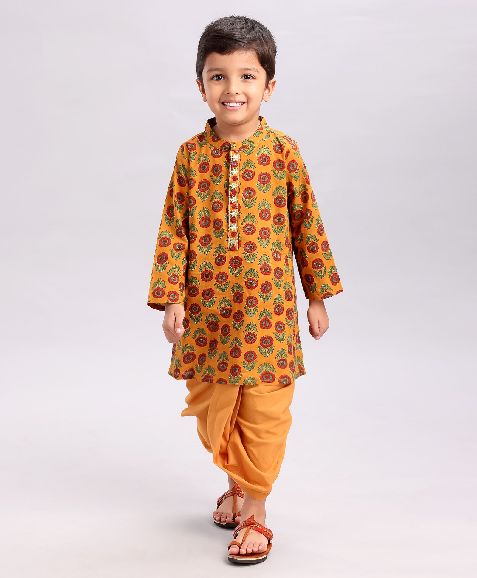 Babyhug Full Sleeves Kurta and Dhoti Set Flower Printed - Mustard-image-2