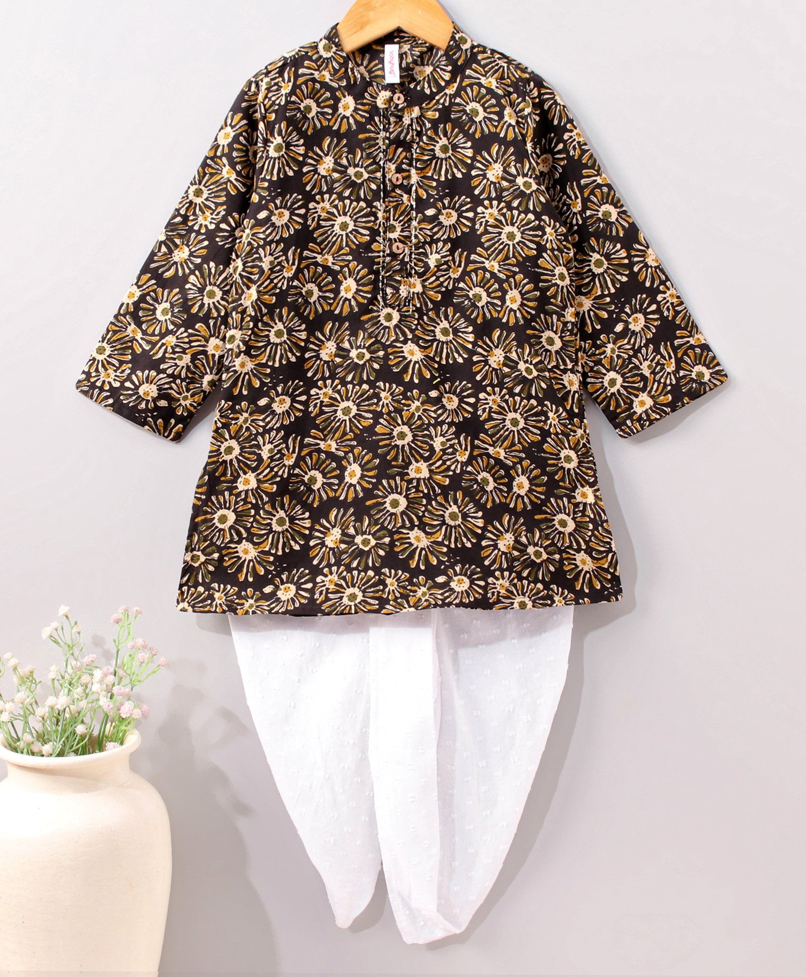 Babyhug Full Sleeves Cotton Kurta & Dhoti Set Floral Print- Charcoal-image-14