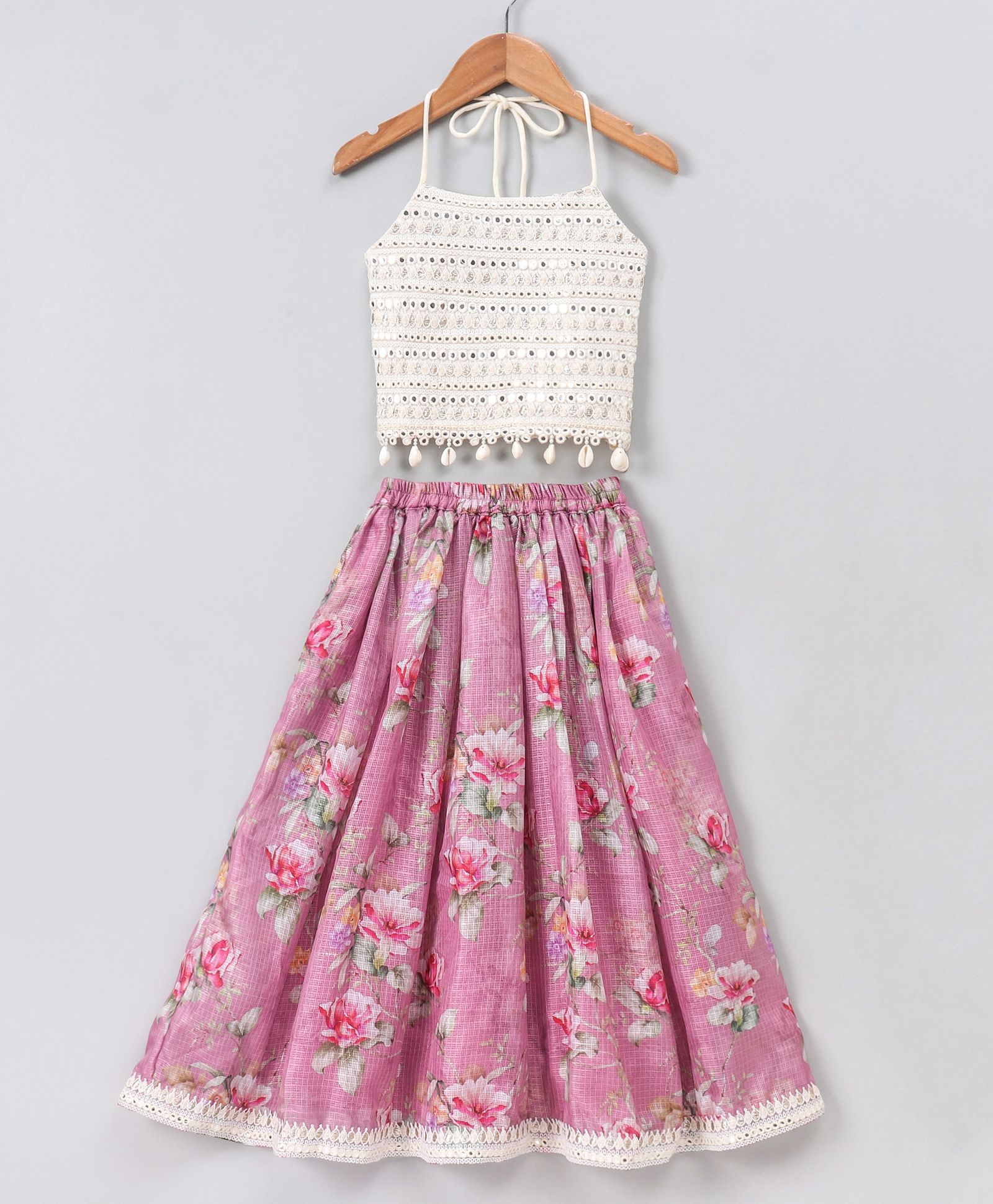 Twisha Sleeveless Mirror & Shells Embellished Halter Neck Choli & All Over Floral Print Chequered Self Design Lehenga Set - White & Mauve-image-22