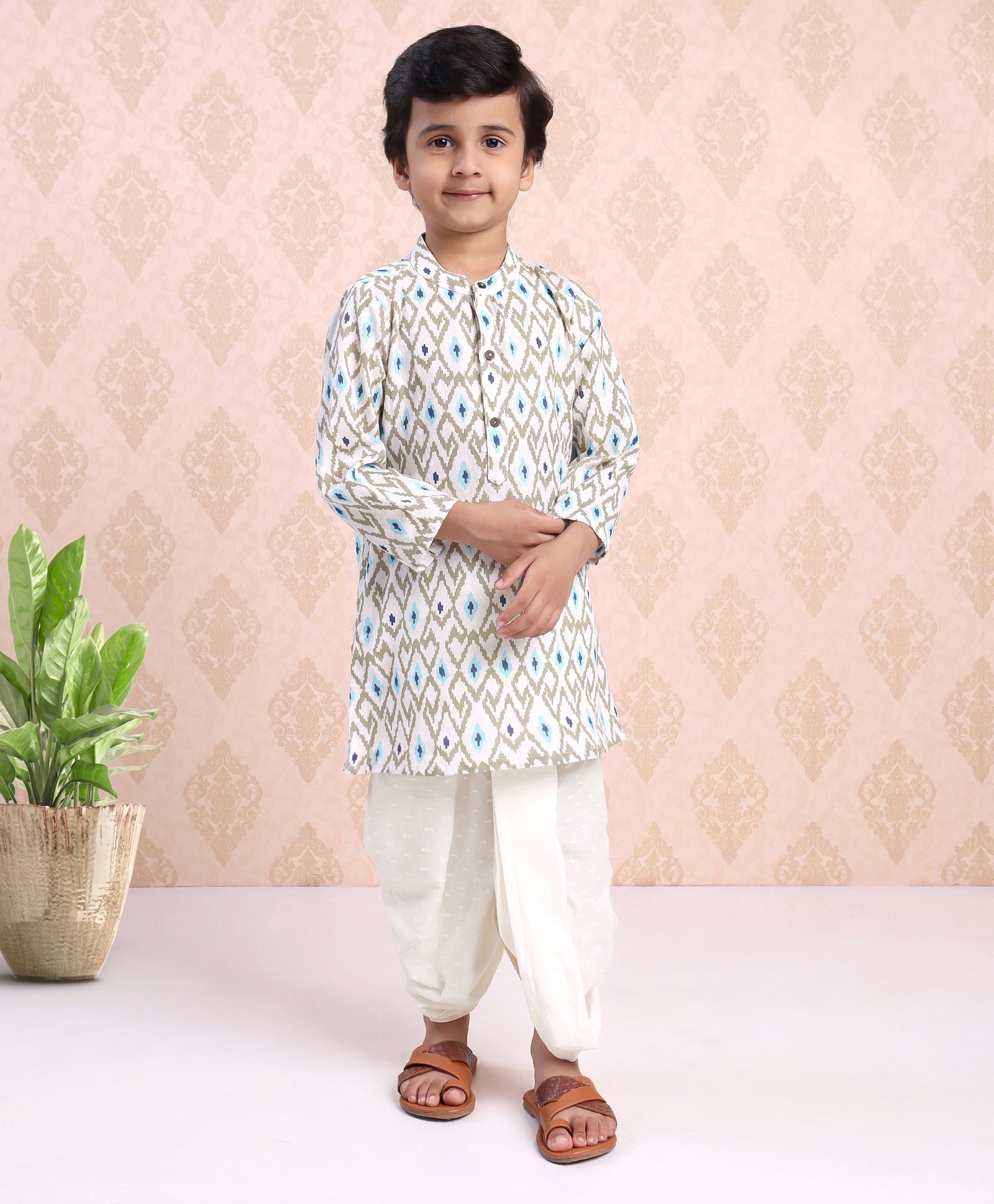 Babyhug Full Sleeves Kurta & Dhoti Geometric Print - Off White-picture-15