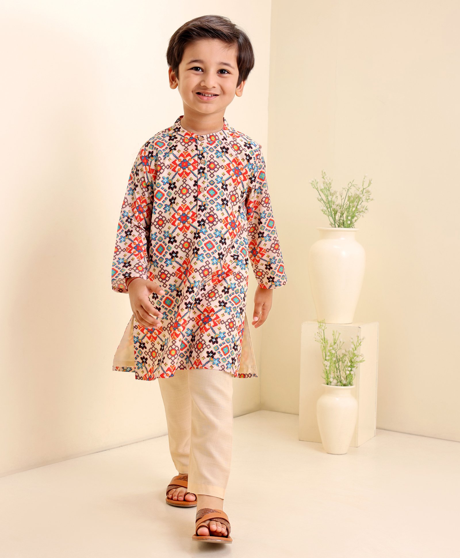 Babyhug Full Sleeves Kurta Pyjama Set Printed - Cream-picture-10