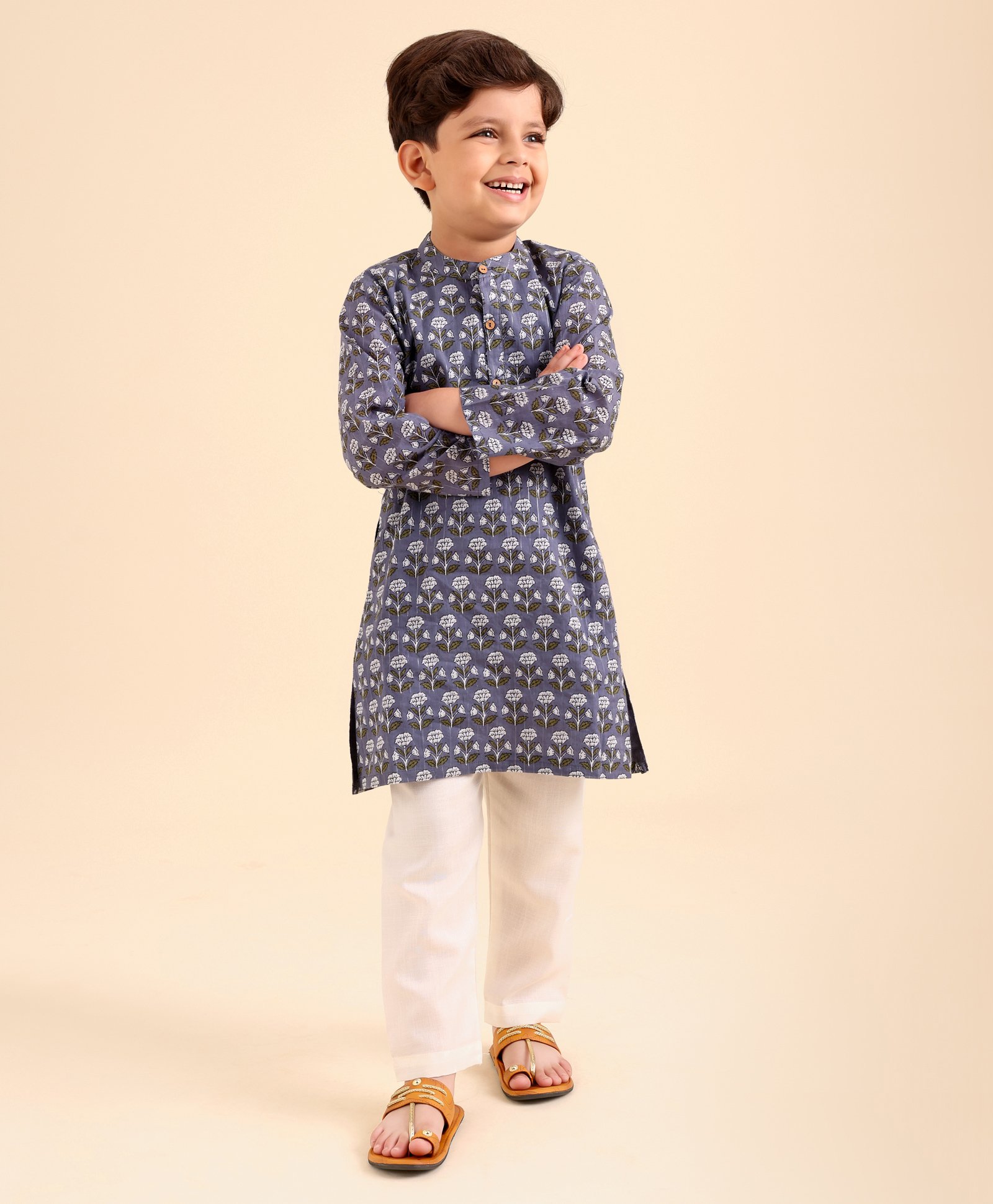 Babyhug Cotton Woven Full Sleeves Kurta & Pajama Set Floral Print - Grey-picture-20