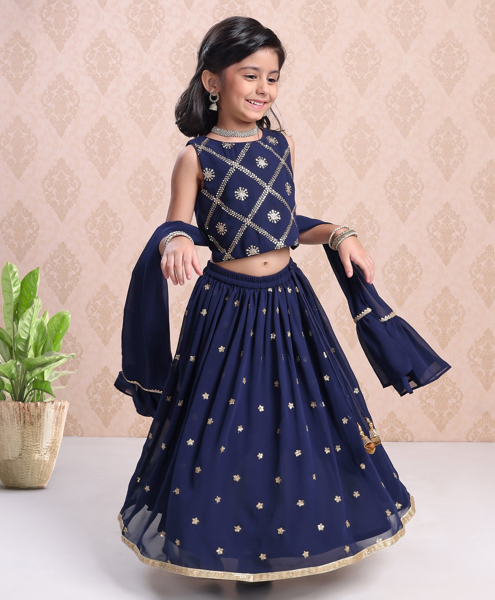 Babyhug Sleeveless Choli & Lehenga With Dupatta Sequin Detailing - Dark Blue-image-25