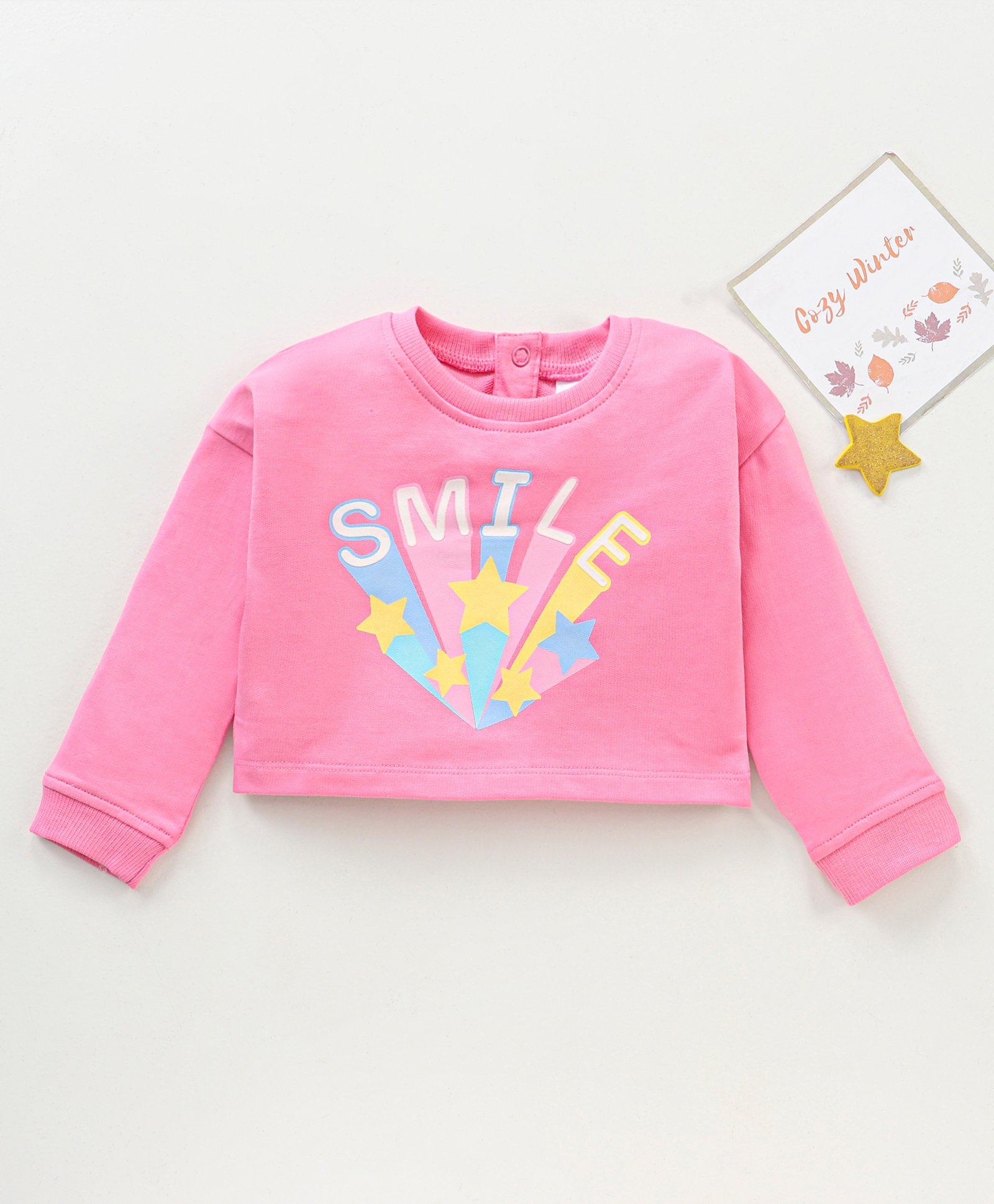 Babyhug 100% Cotton Full Sleeves Winterwear Crop Top with Text Print- Pink-image-27