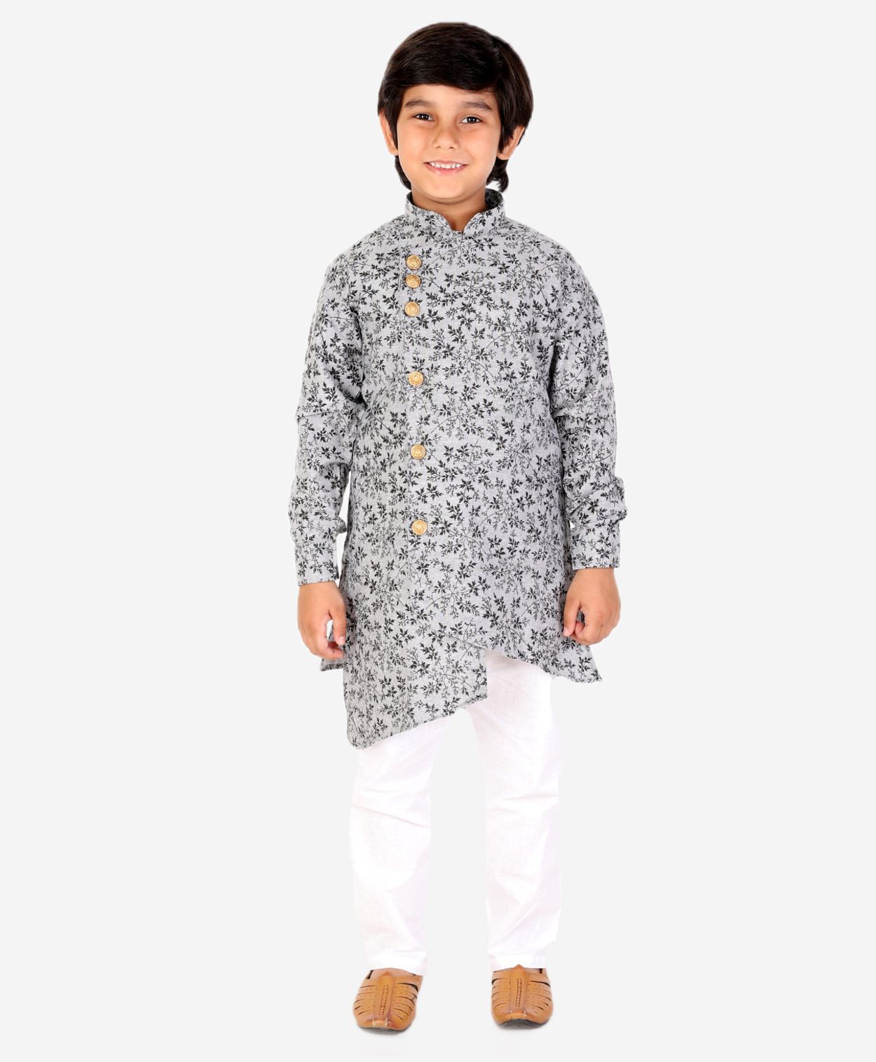P-MARK Full Sleeves All Over Intricate Floral Vines Print Asymmetrical Style Kurta & Solid Pajama Set - Black-image-8