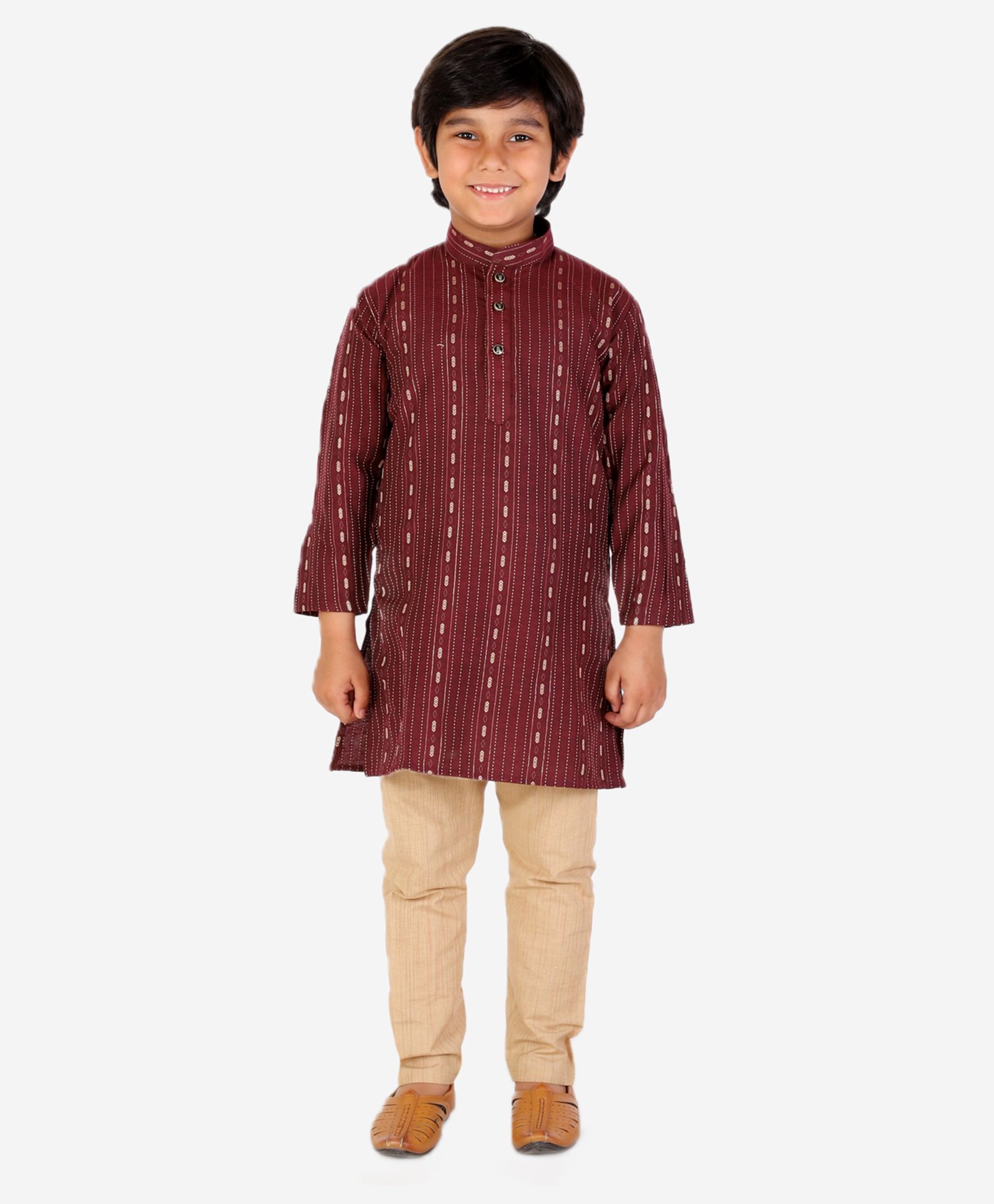 P-MARK Full Sleeves Dotted Stripes Print Kurta & Contrast Solid Pajama Set - Maroon-picture-32
