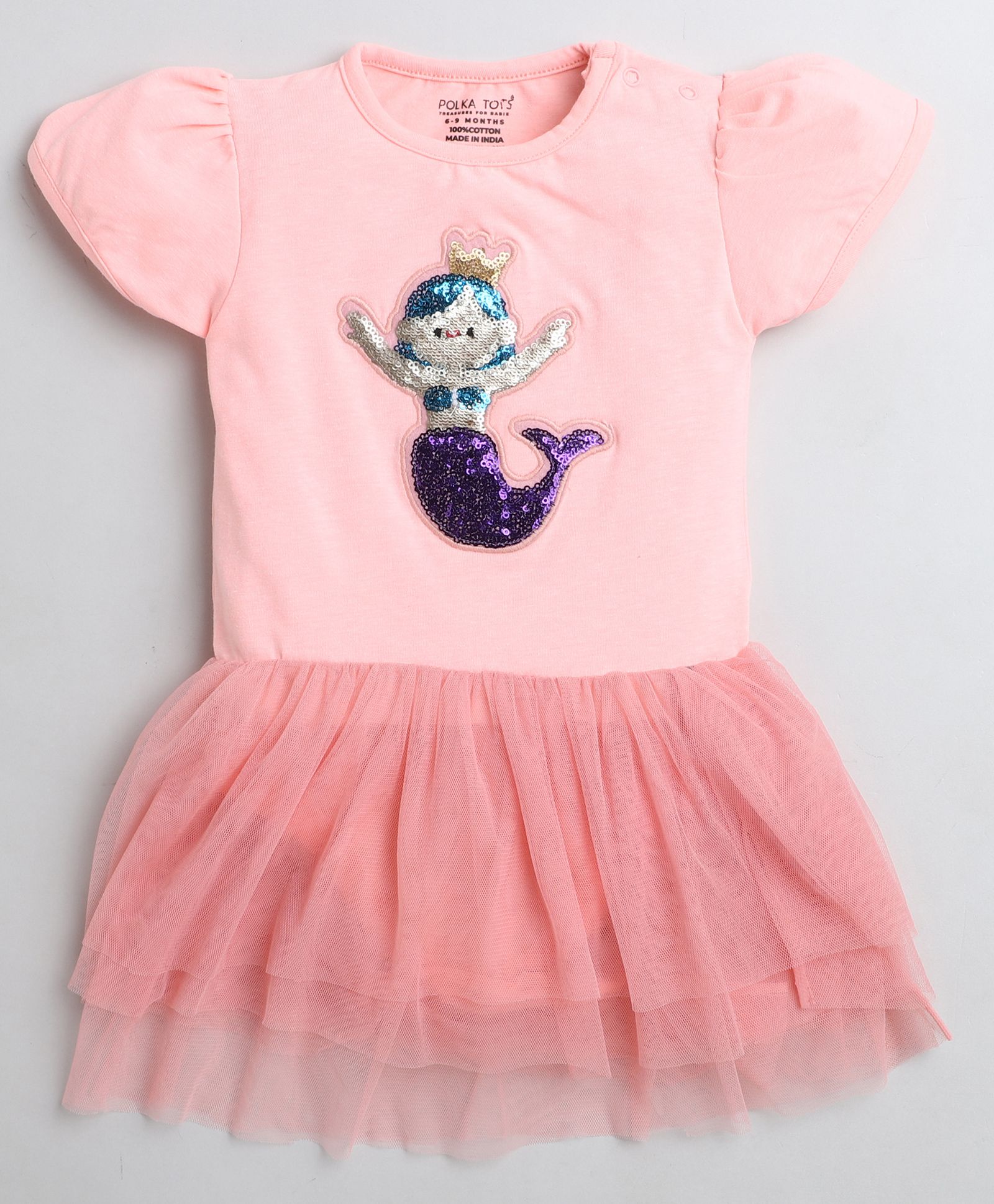 Polka Tots Half Sleeves Sequin Embellished Mermaid Queen Patch Detail Flared Tulle Romper Onesie - Pink-image-44