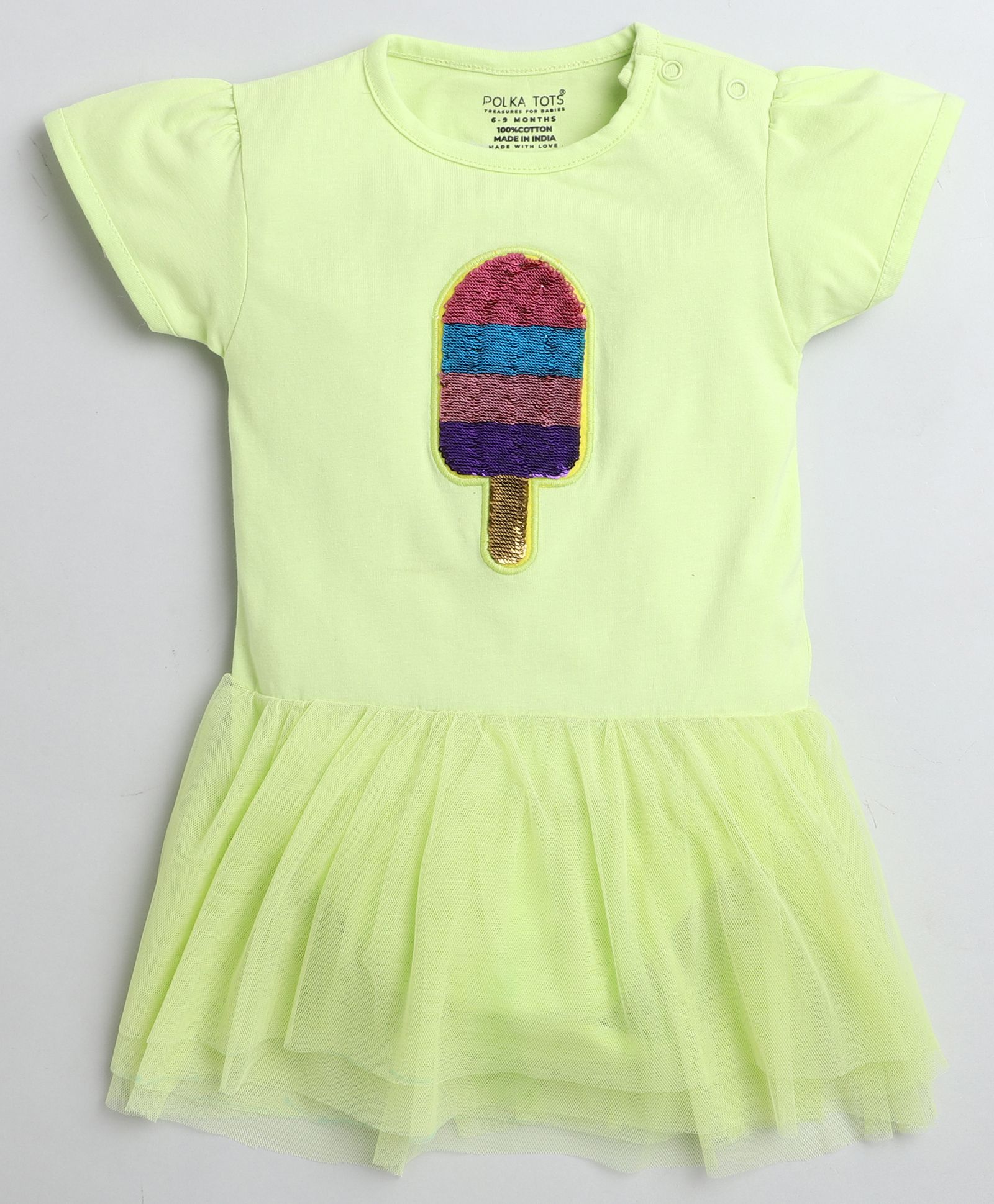 Polka Tots Half Sleeves Sequin Embellished Popsicle Patch Detail Flared Tulle Romper Onesie - Yellow-image-9