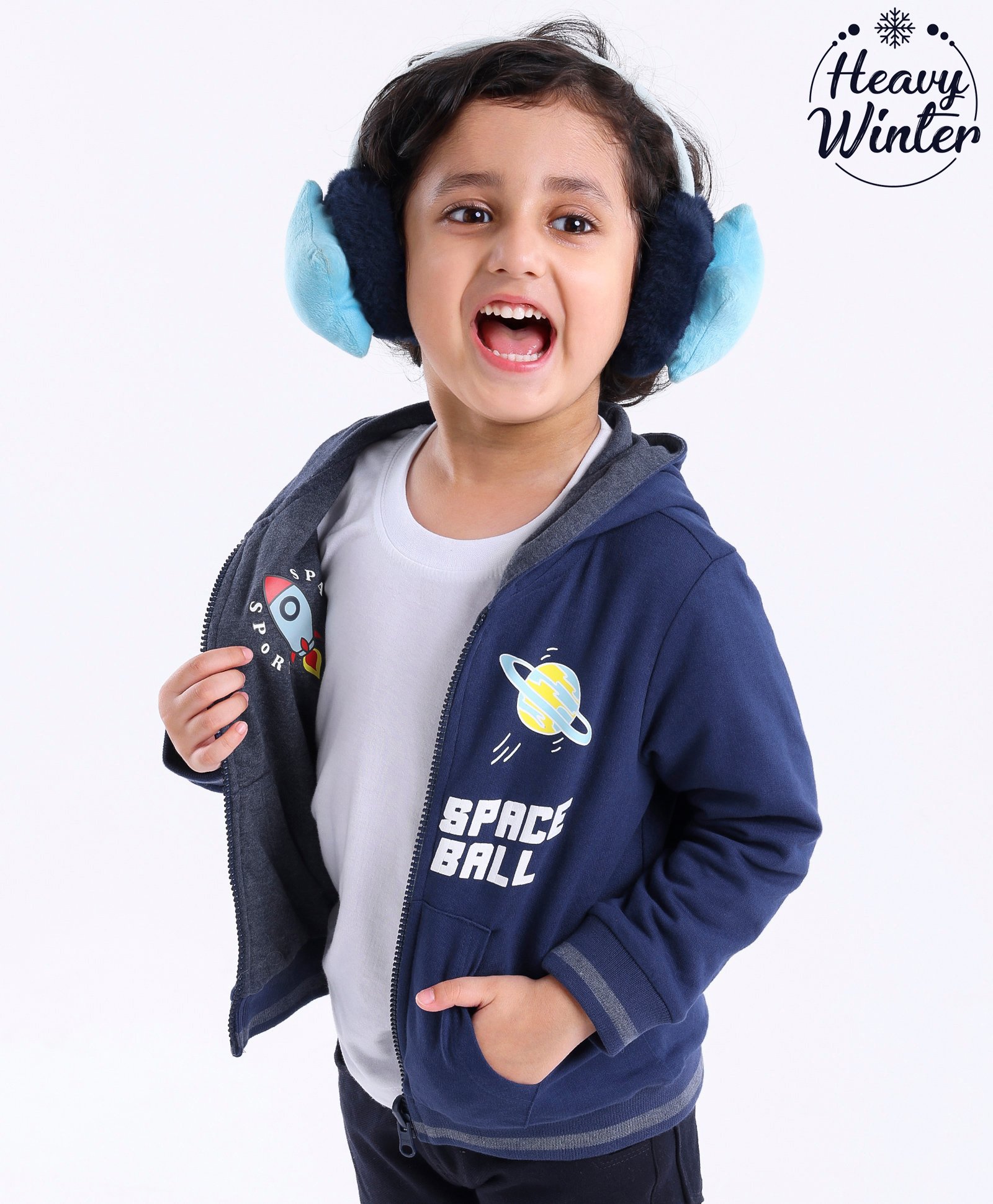 Babyoye Cotton Brushed Fleece Reversible Full Sleeves Hooded Sweatshirt Space Print - Blue Grey-image-18