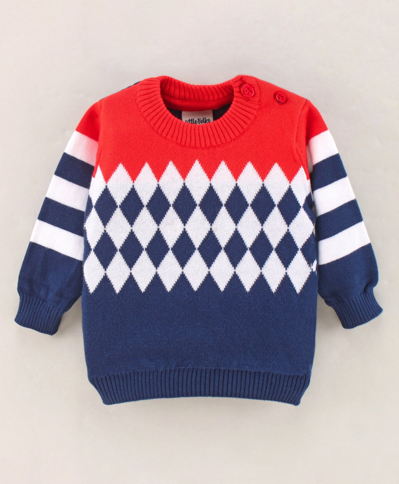 Little Folks Cotton Full Sleeves Intarsia Knit Pullover - Red Blue-image-38