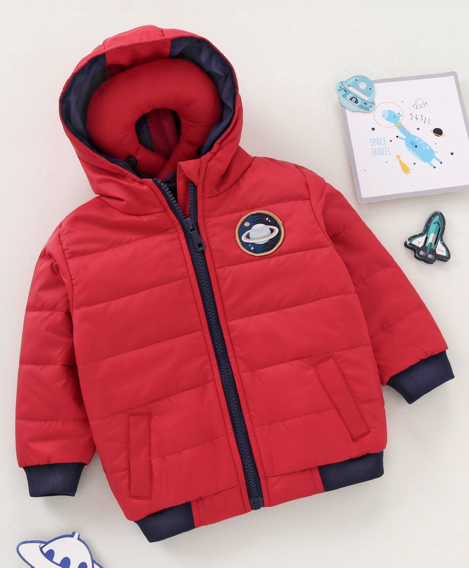 Babyoye Full Sleeves  Hooded Padded Solid Jacket With Neck Pillow  - Red-picture-23