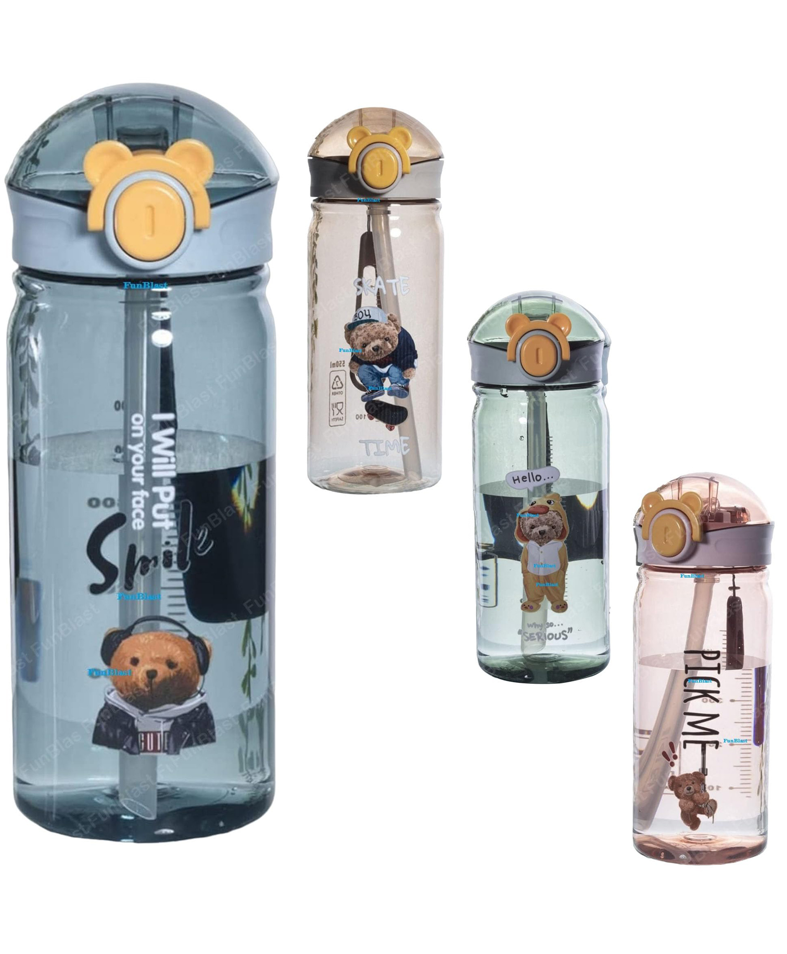 FunBlast Cartoon Design Water Bottle with Straw - 1 Pc Random Color and Design-image-36