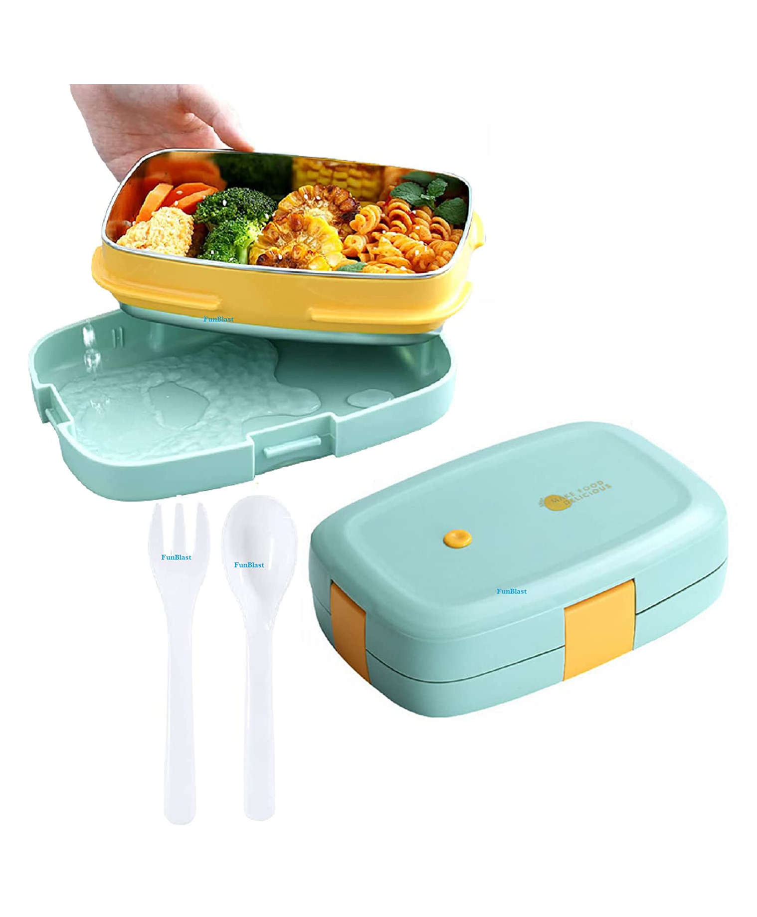 FunBlast Stainless Steel Lunch Box with Spoon and Fork - Green-picture-31