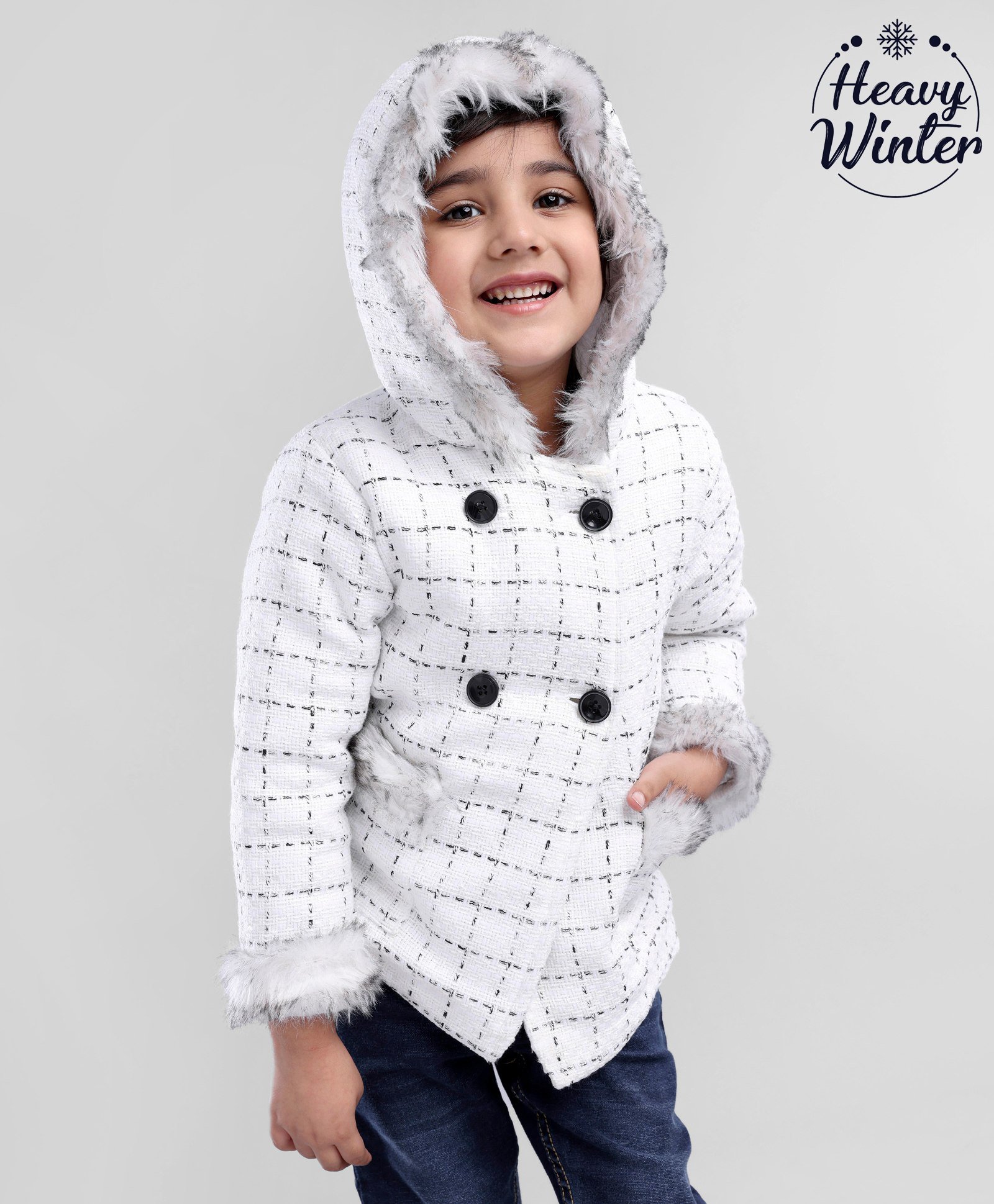 Babyoye Cotton Blend Full Sleeves Hooded Neck Jacket Checks Pattern - White-image-5