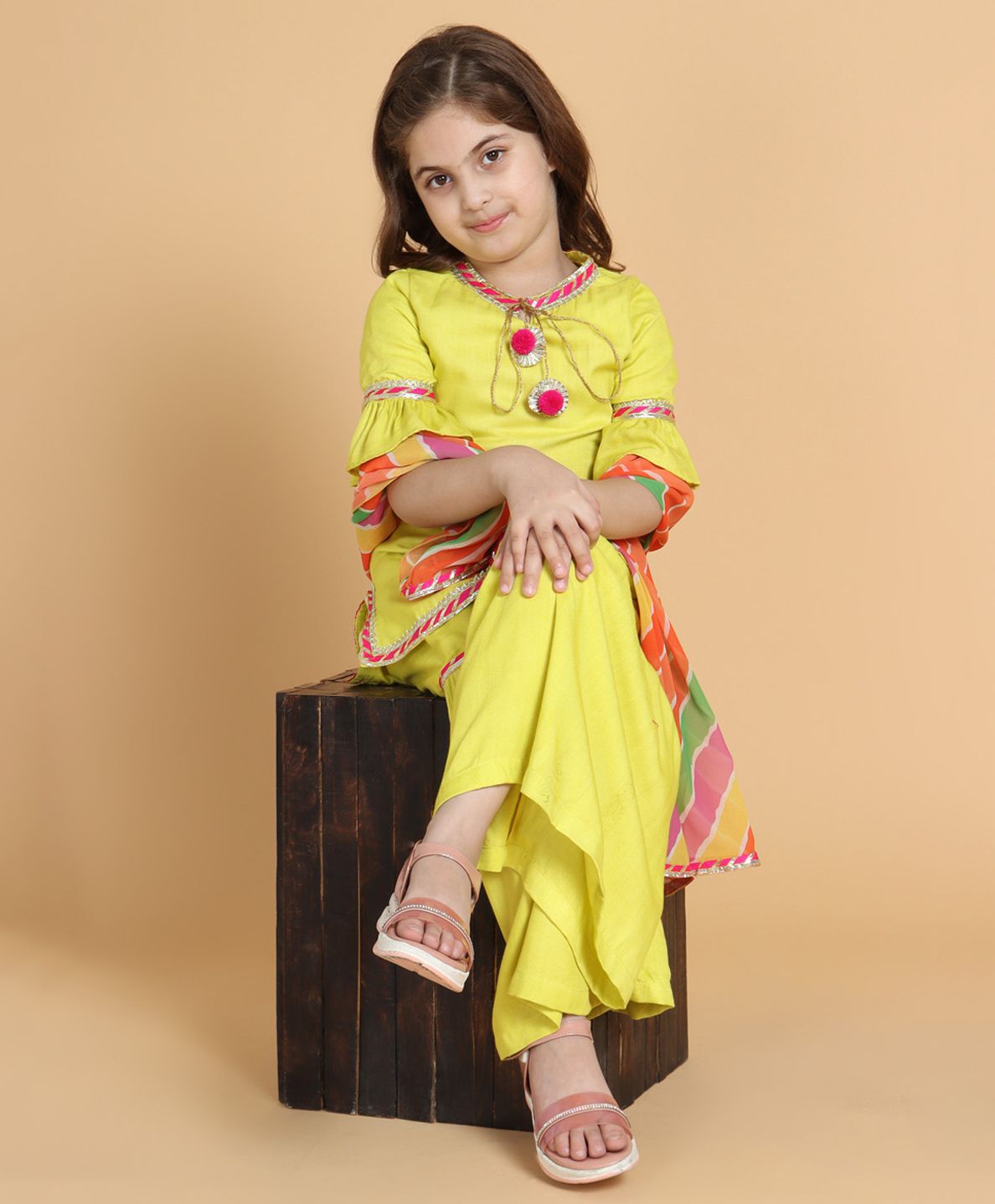 Piccolo Half Bell Sleeves Embellished Kurta & Solid Sharara With Leheriya Dupatta - Neon Green-picture-15