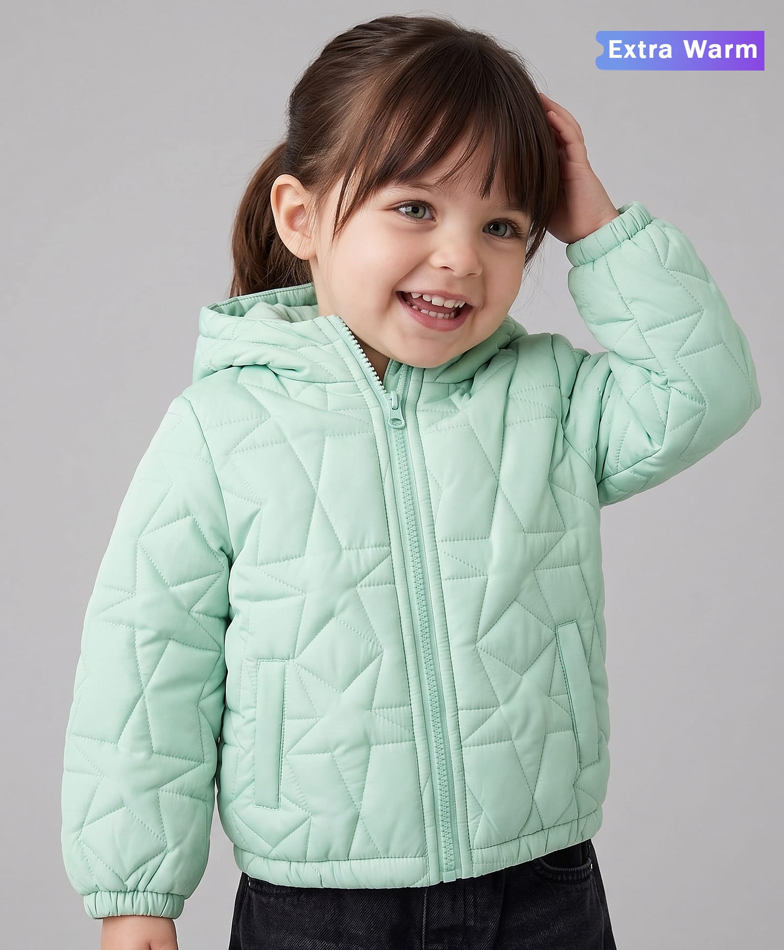 Babyoye Full Sleeves Hooded Padded Jacket with Star Patterns - Blush Green-image-12
