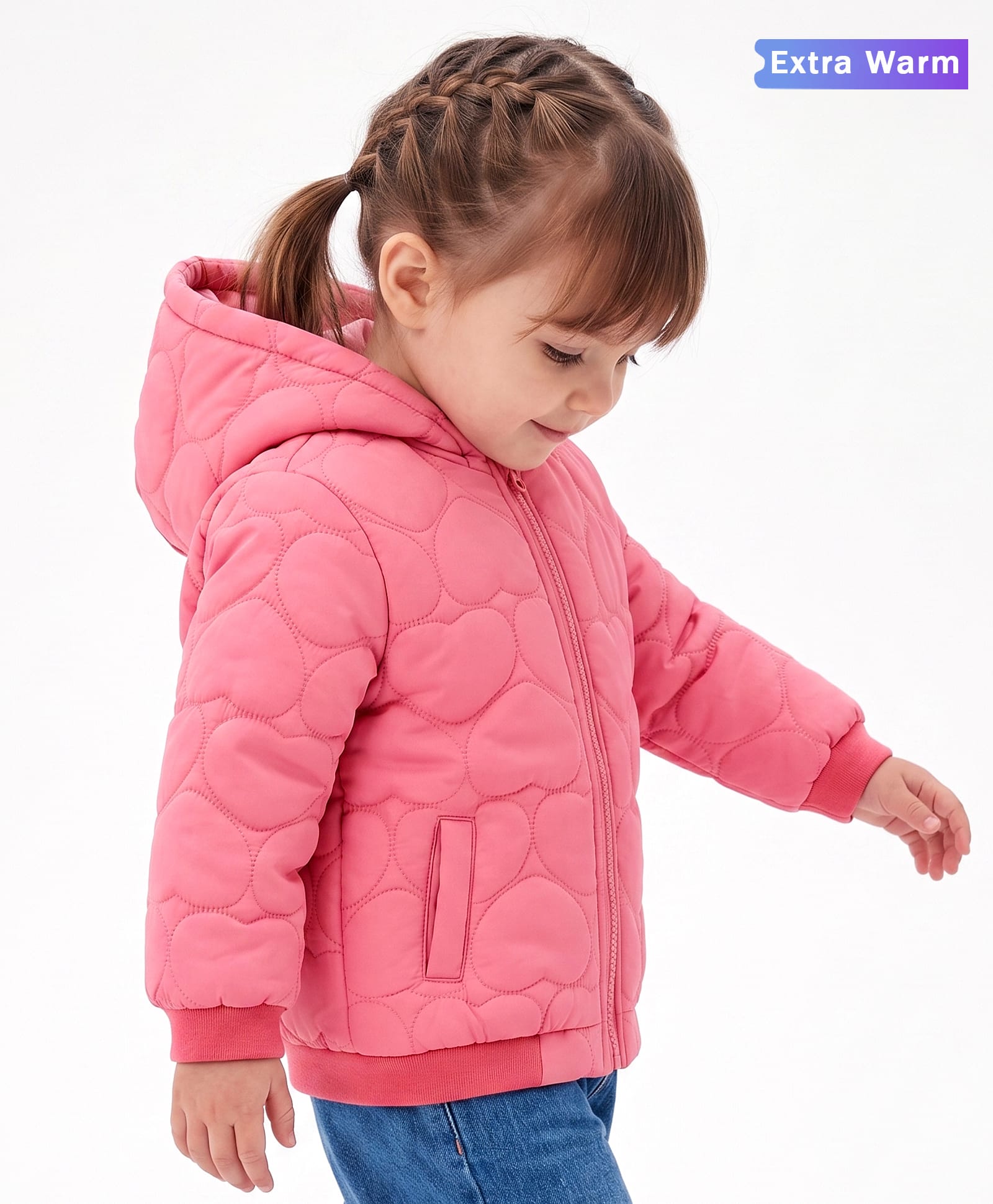 Babyoye Full Sleeves Hooded Padded Jacket with Heart Patterns - Strawberry Pink-image-31