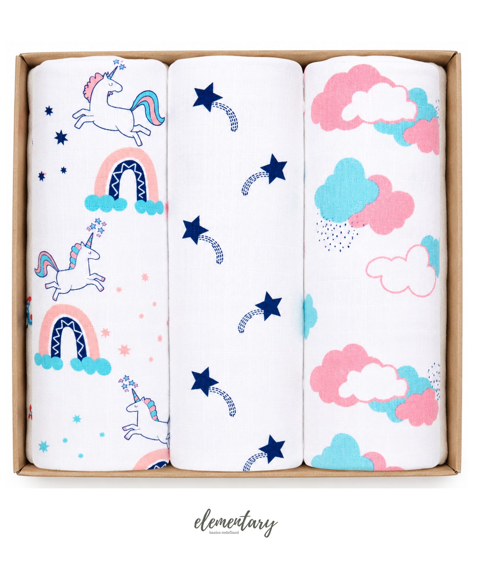 Elementary Organic Cotton Muslin Swaddle Wraps Magical Unicorn Rainbow Theme Print Set of 3 - Pink Blue and Off White-picture-26