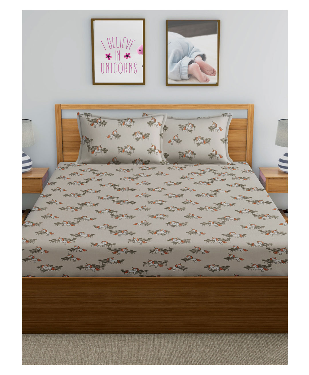 Elementary Pure Organic Cotton Bedsheet with Pillow Cover Unicorn theme - Double Bed-image-41