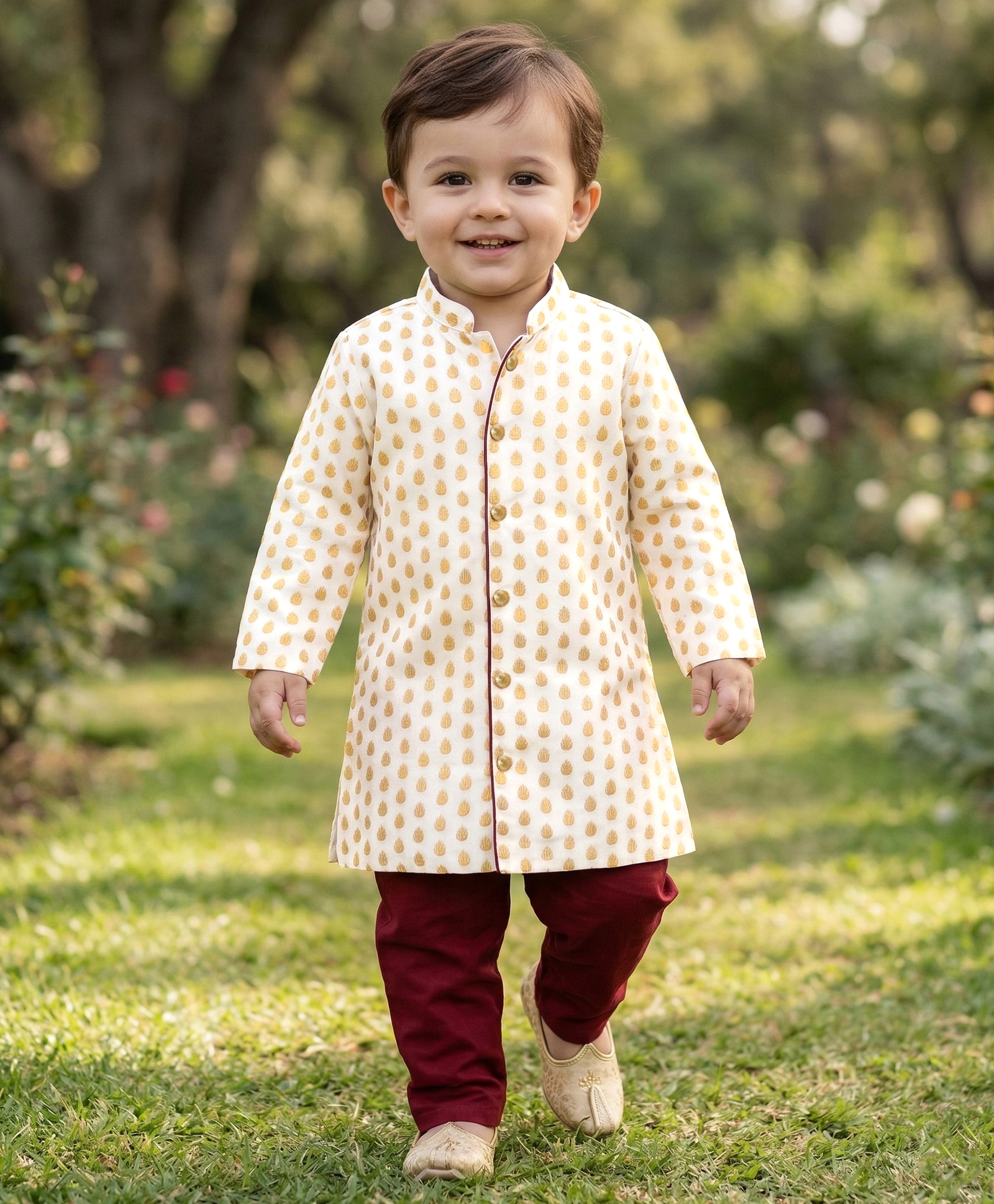 Babyoye Full Sleeves Kurta & Pajama Set Foil Print - White-image-48