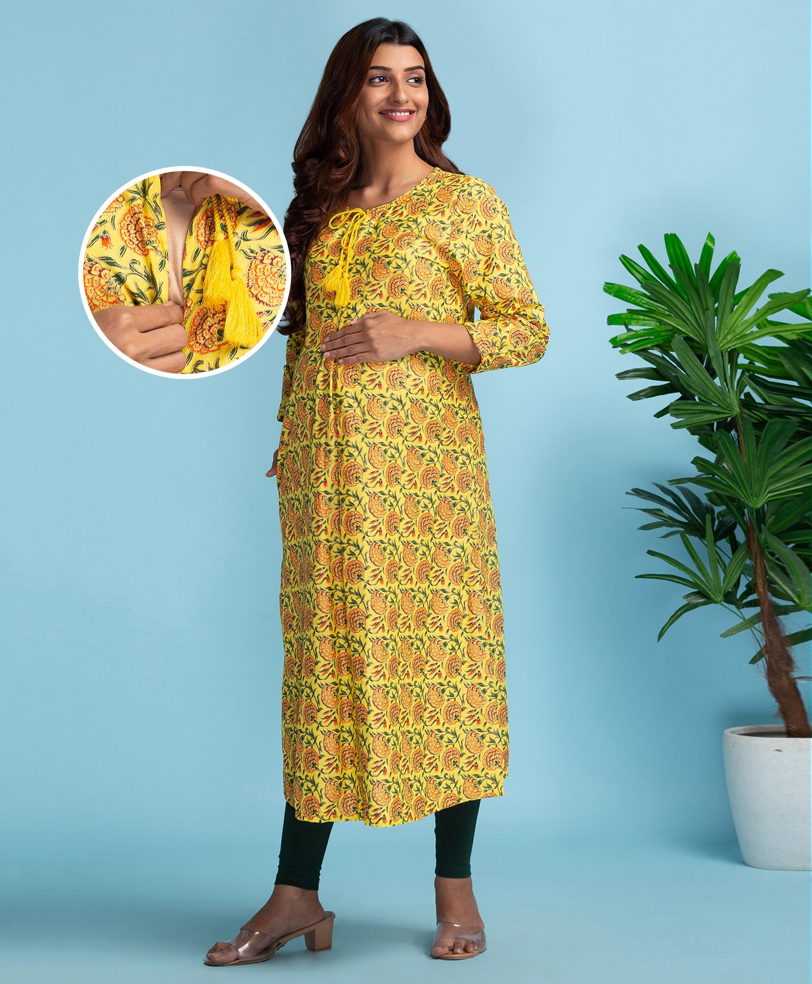Bella Mama Three Fourth Sleeves Printed Kurta - Yellow-image-2