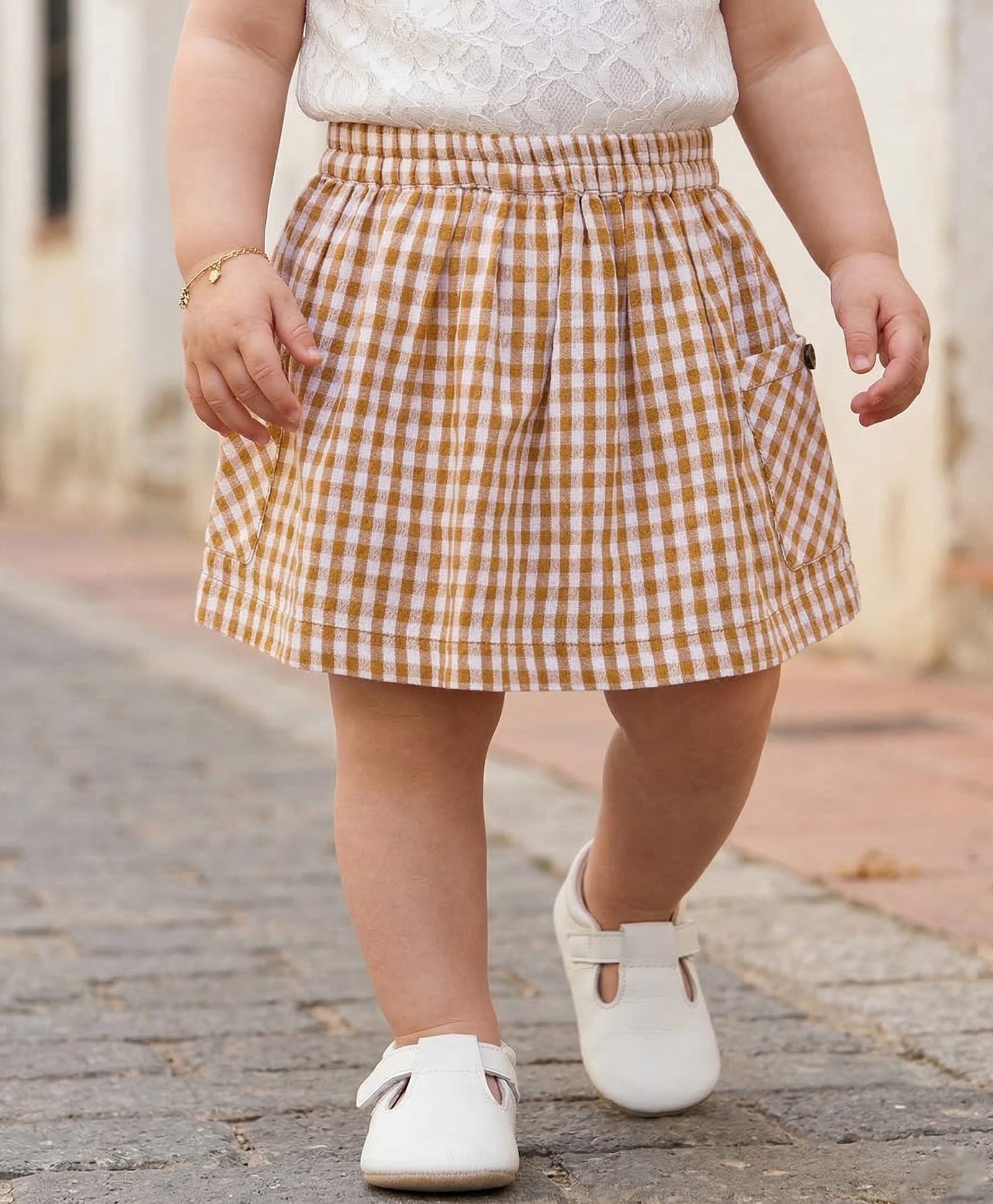 Babyoye Eco -Conscious 100% Cotton Knee Length Checks Skirt - Yellow & Brown-picture-27