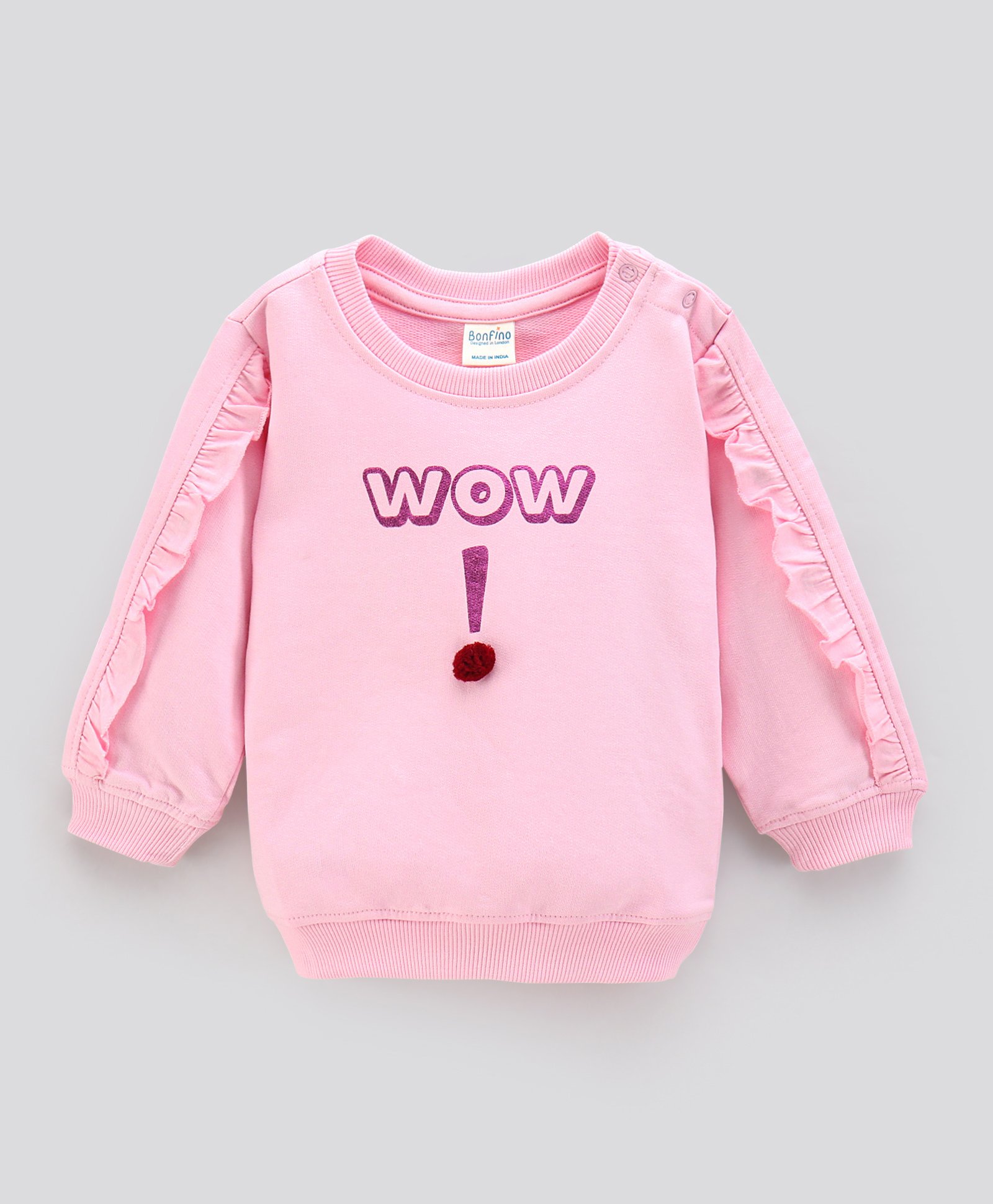 Bonfino Cotton Knit Full Sleeves Sweatshirt With Foil Print And Frill On Sleeves - Pink-image-12
