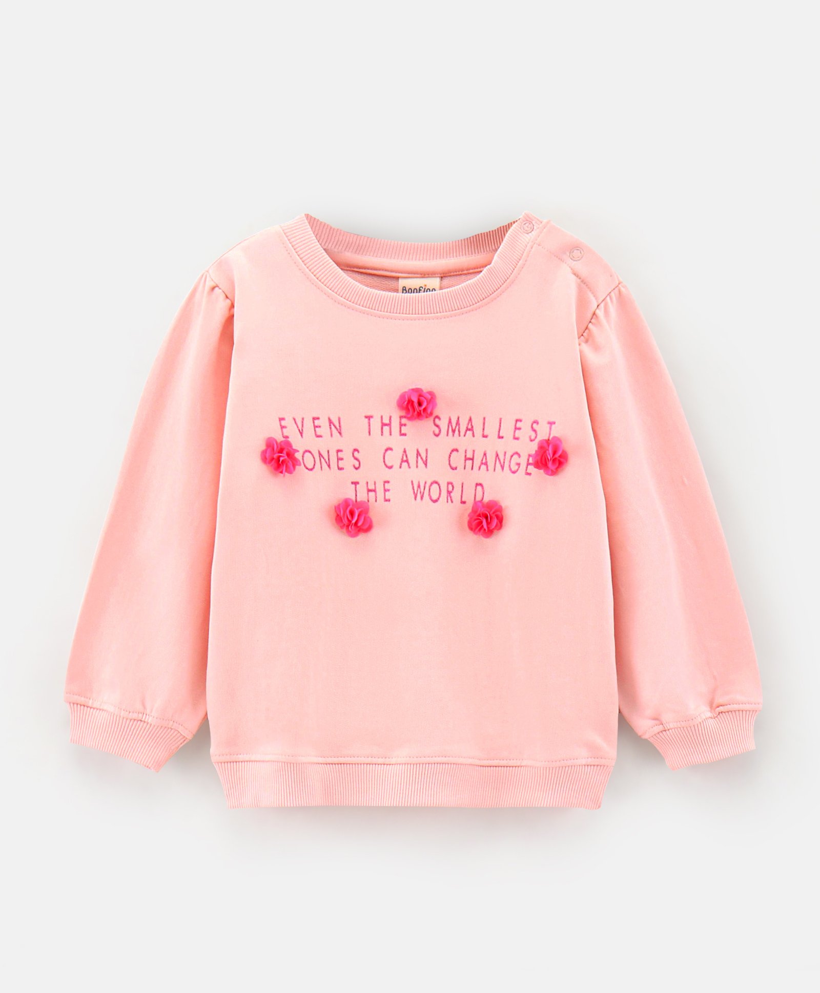 Bonfino Cotton Full Sleeves Sweatshirt With Glitter Print & Flower Detailing - Peach-image-7