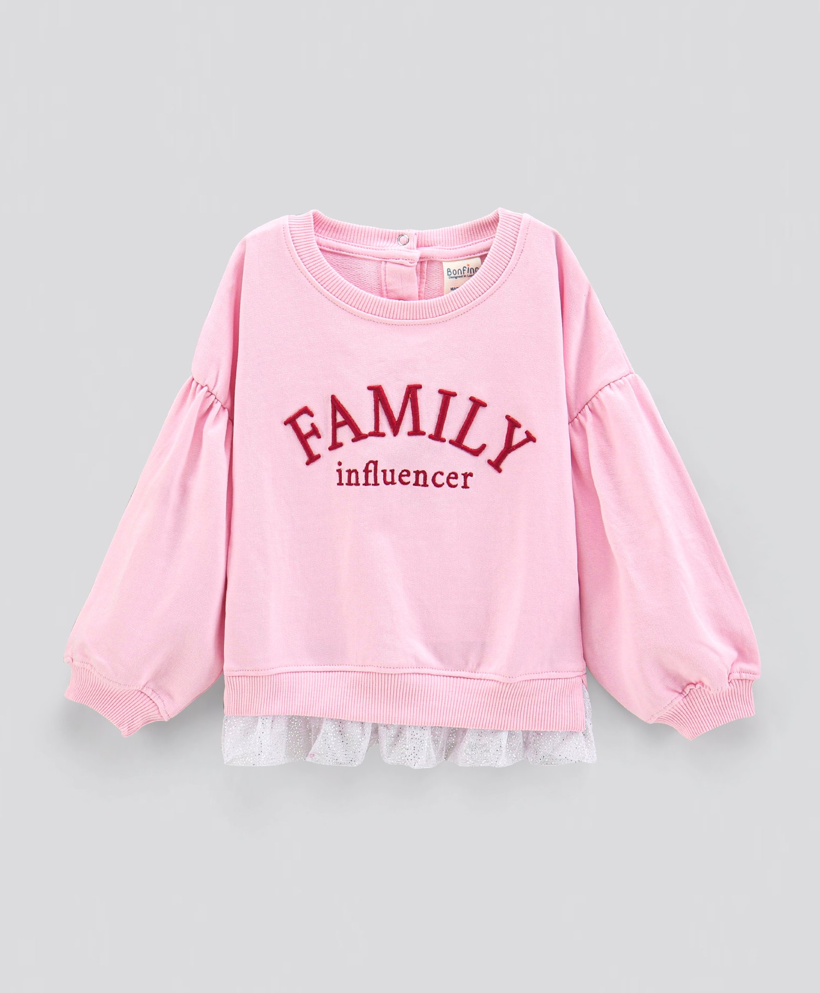 Bonfino Cotton Knit Full Sleeves Sweatshirt With Frill On Sleeves And Embroidery - Pink-picture-12