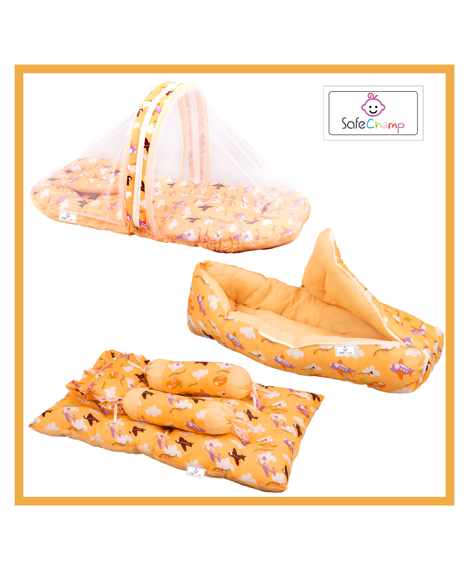 SafeChamp Skyler Baby 4 Piece Bedding Set with Pillow And 2 Bolsters And  Sleeping Bag And Bedding Set Combo - Orange-image-31