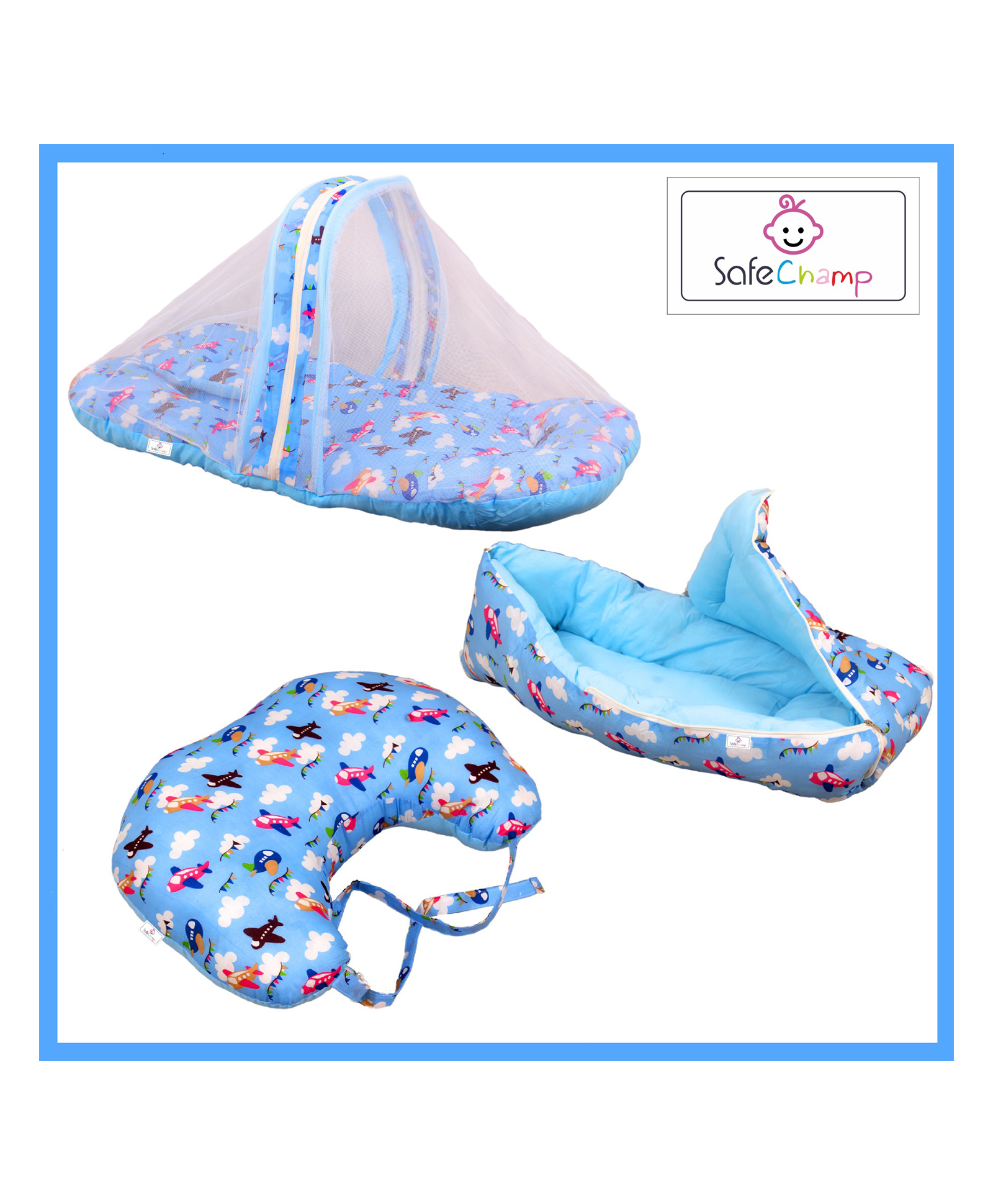 SafeChamp Skyler Baby Feeding Pillow Bedding Set with Mosquito net and Sleeping Bag Combo - Blue-image-1