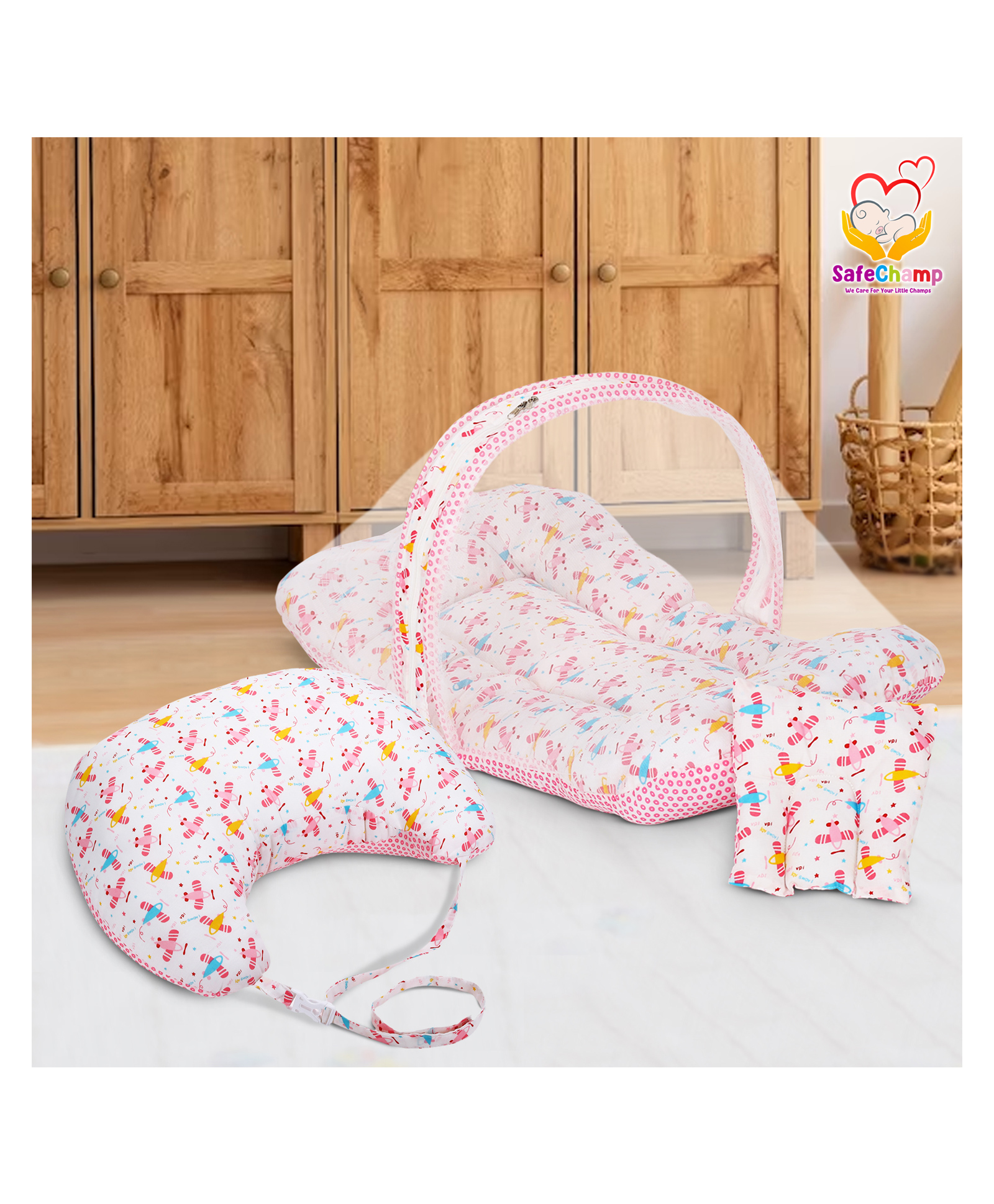 SafeChamp Lite Air Baby Bedding Set with Pillow And Feeding Pillow Combo - Pink-image-15