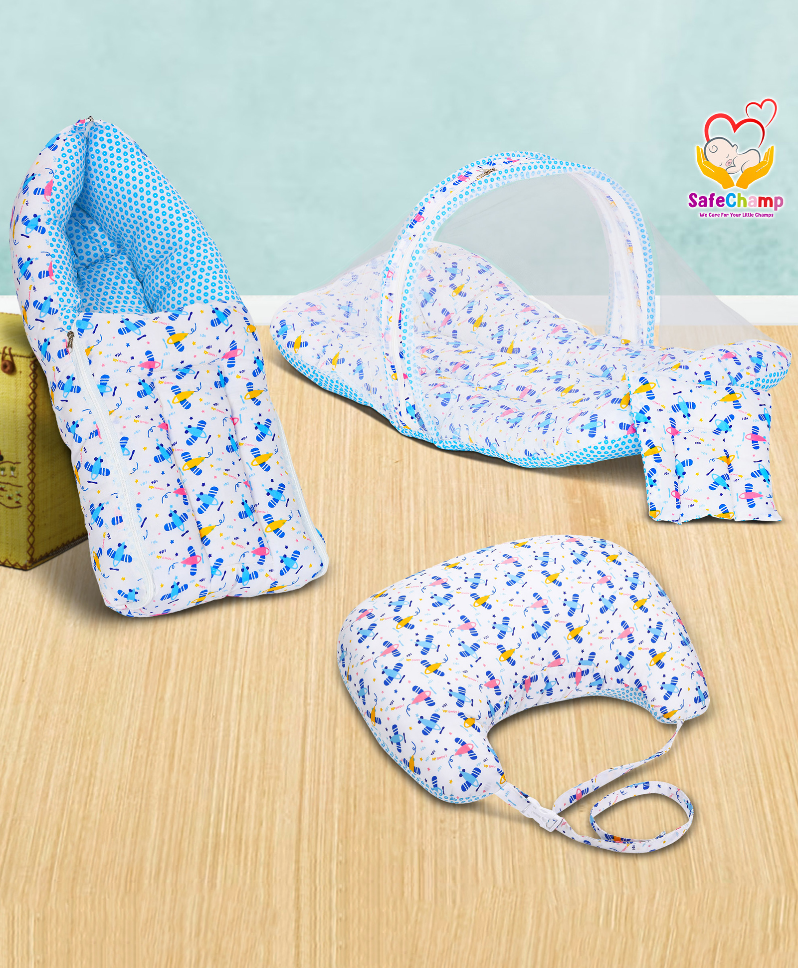 SafeChamp Lite Air Baby Feeding Pillow Bedding Set with Mosquito net and Sleeping Bag Combo - Blue-image-14