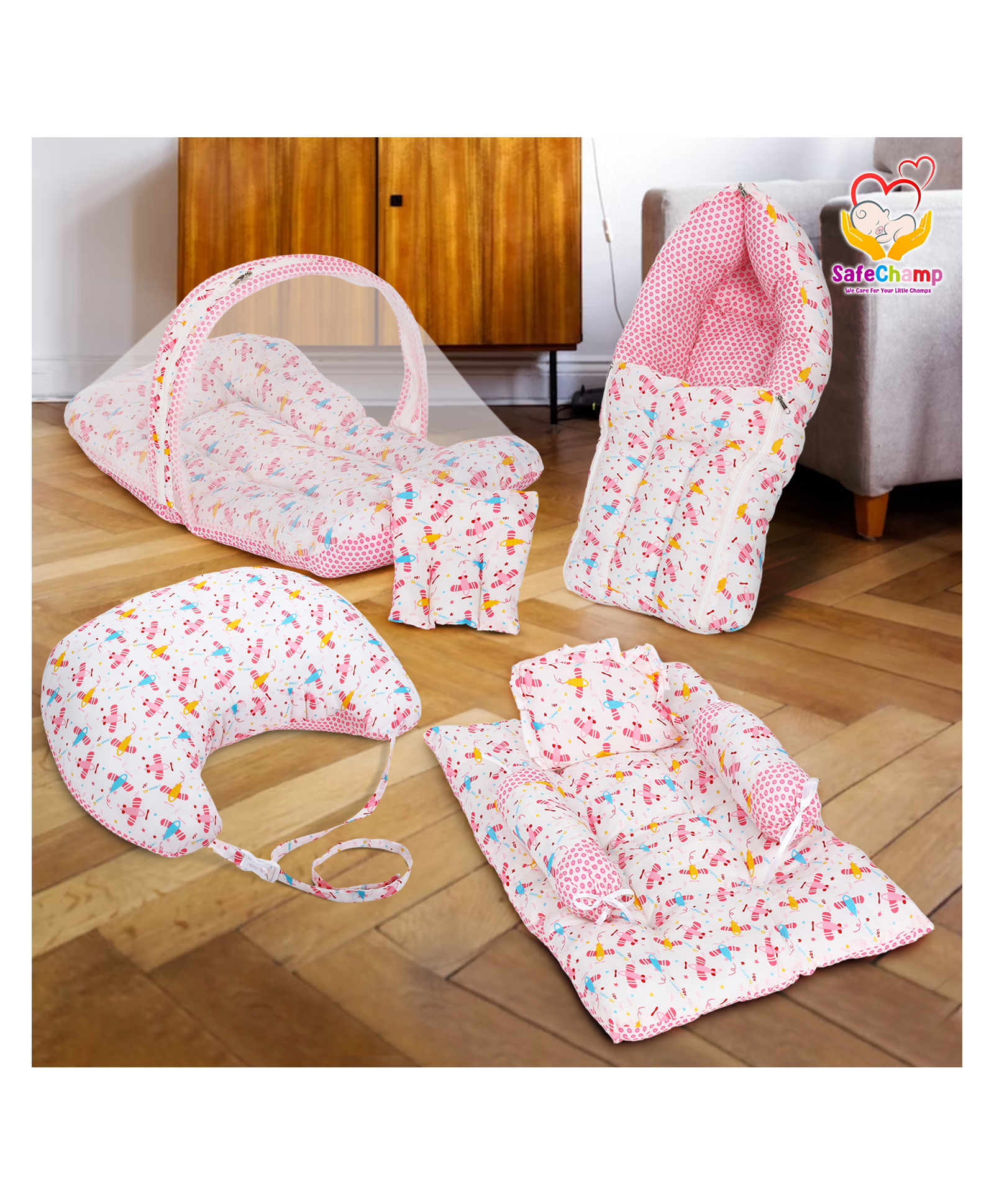 SafeChamp Lite Air Baby 4 Piece Bedding Set with Pillow and Bolsters Sleeping Bag and Bedding Set and Feeding Pillow Combo - Pink-image-49