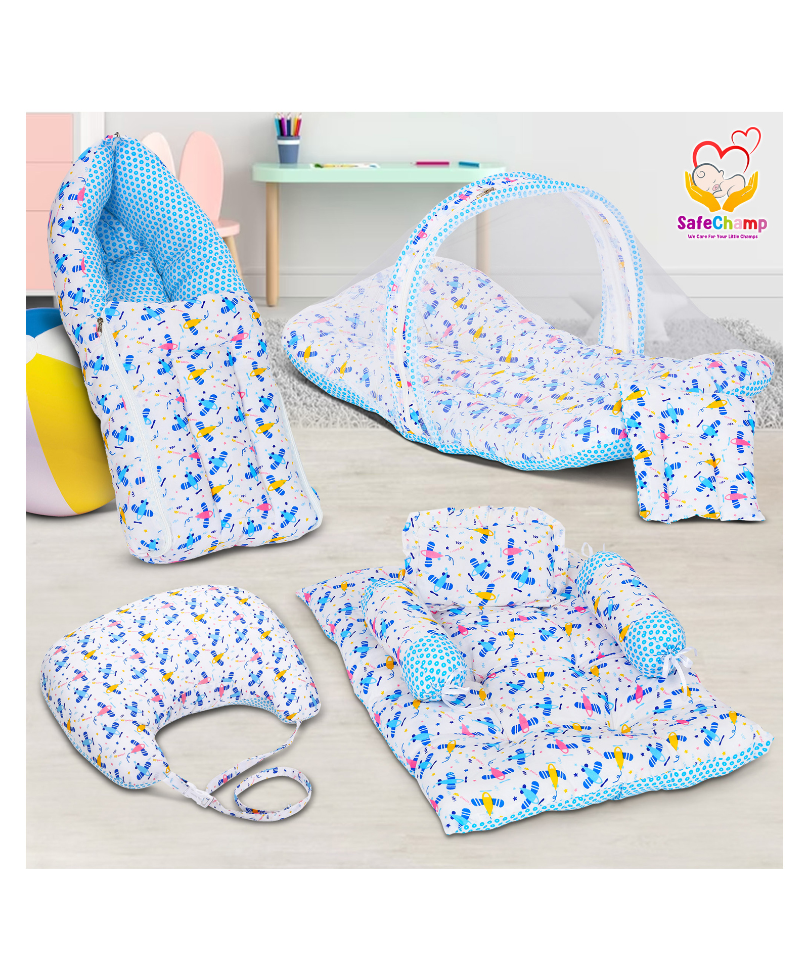 SafeChamp Lite Air Baby 4 Piece Bedding Set with Pillow and Bolsters Sleeping Bag and Bedding Set and Feeding Pillow Combo - Blue-image-48