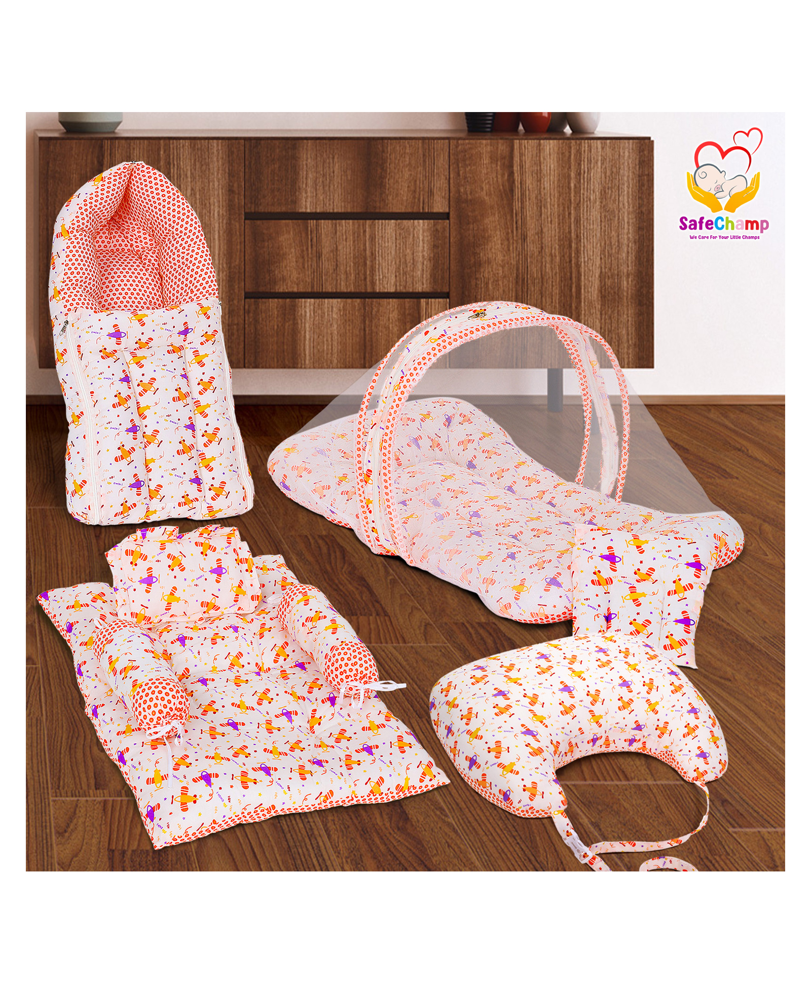 SafeChamp Lite Air Baby 4 Piece Bedding Set with Pillow and Bolsters Sleeping Bag and Bedding Set and Feeding Pillow Combo - Orange-image-13
