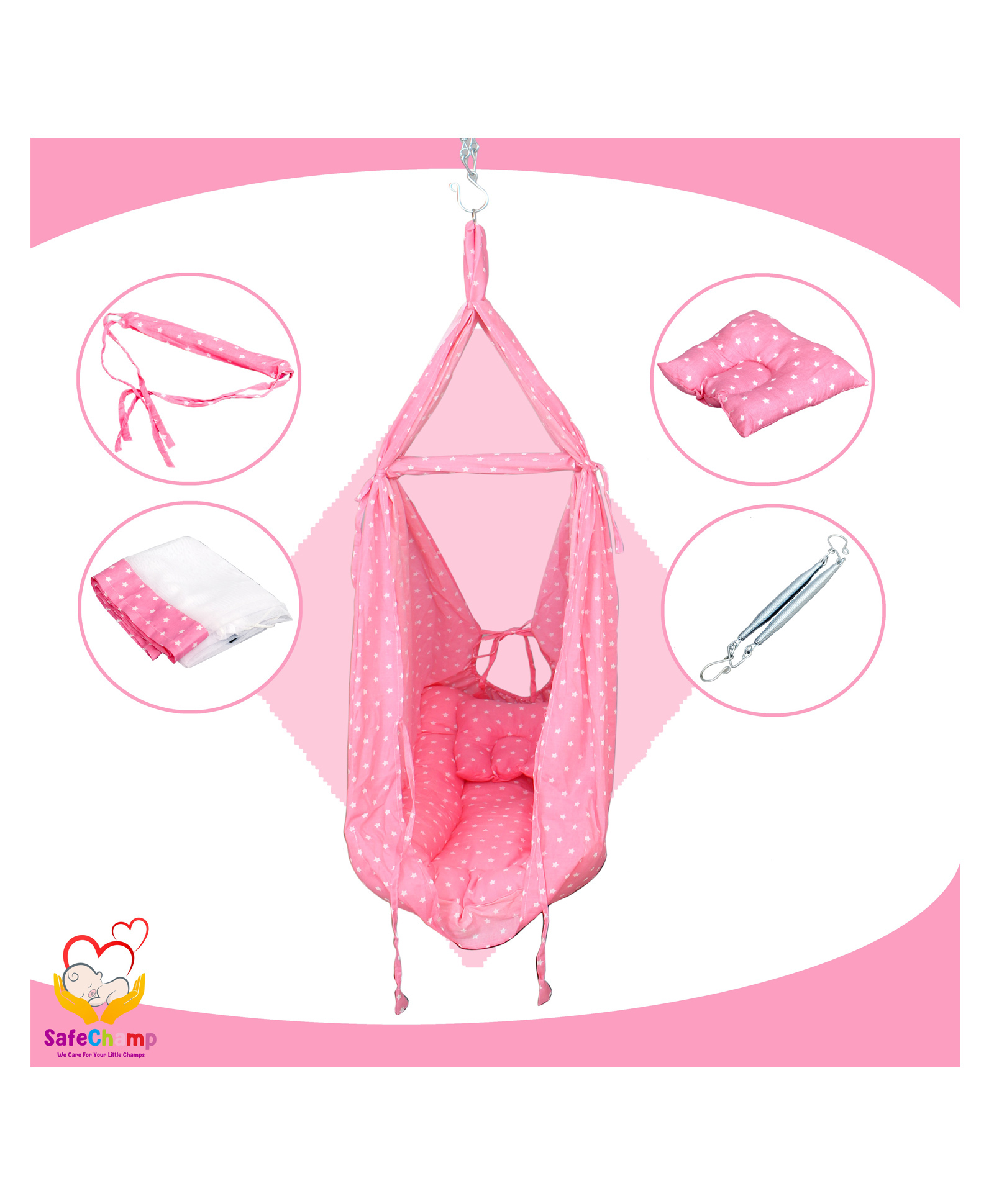 SafeChamp Roxy Baby Swing Cradle with Mosquito Net  Pillow And Spring - Pink-image-9