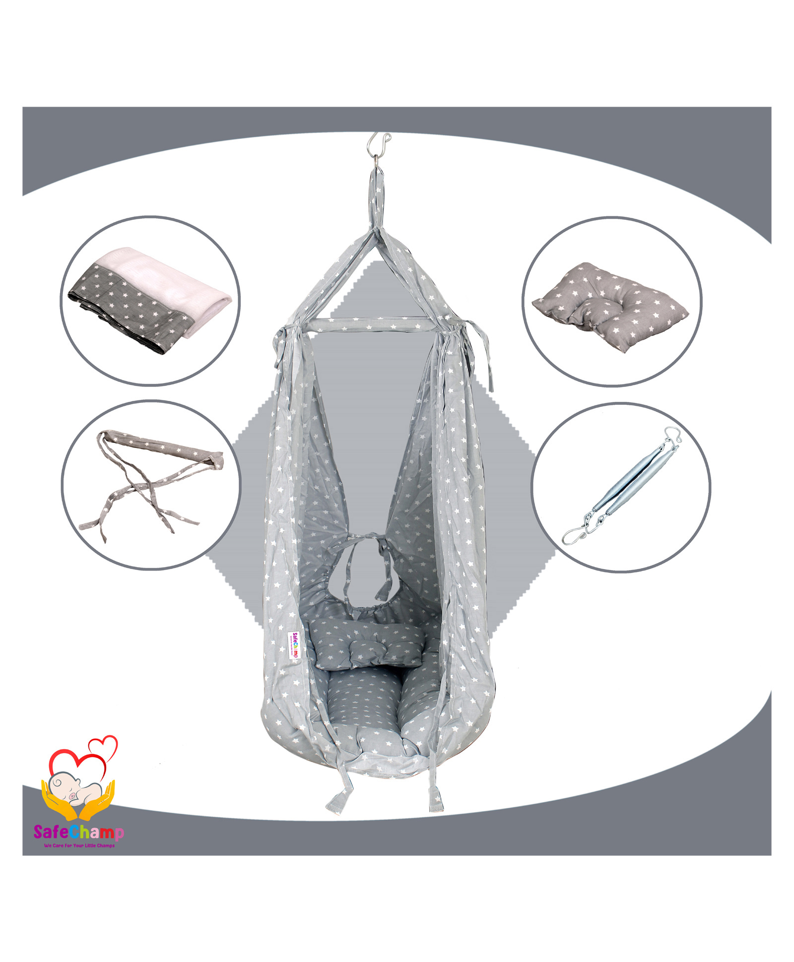SafeChamp Roxy Baby Swing Cradle with Mosquito Net  Pillow And Spring  - Grey-image-41