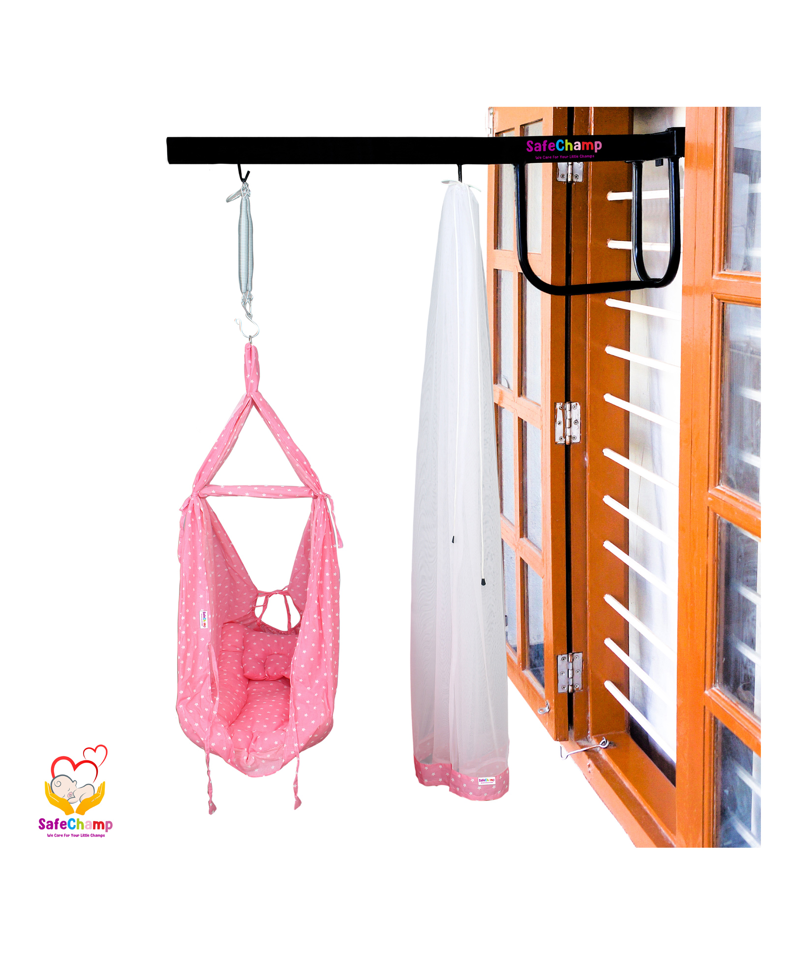 SafeChamp Roxy Baby Swing Cradle with Mosquito Net Pillow Spring And Metal Window Cradle Hanger - Pink-image-18