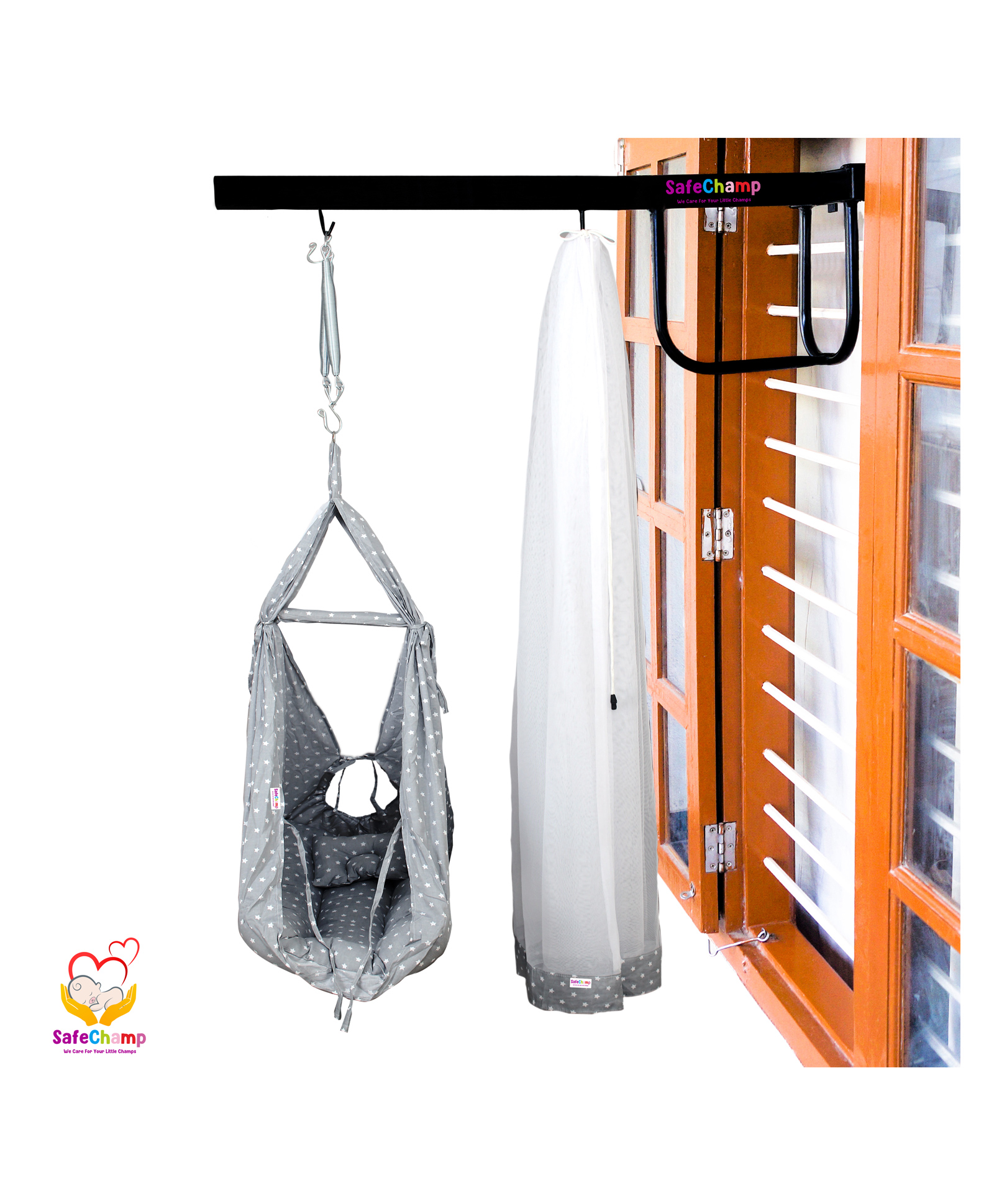 SafeChamp Roxy Baby Swing Cradle with Mosquito Net Pillow Spring And Metal Window Cradle Hanger  - Grey-image-43