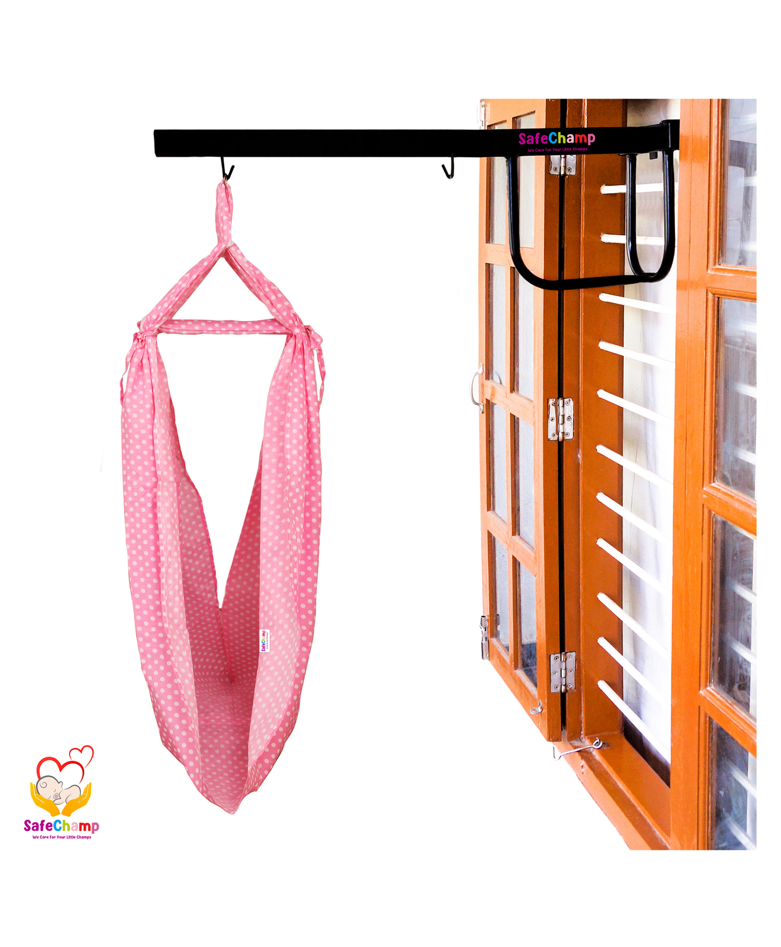 SafeChamp Polka Dots Baby Cradle Cloth with Seperator And  Metal Window Cradle Hanger - Pink-picture-11