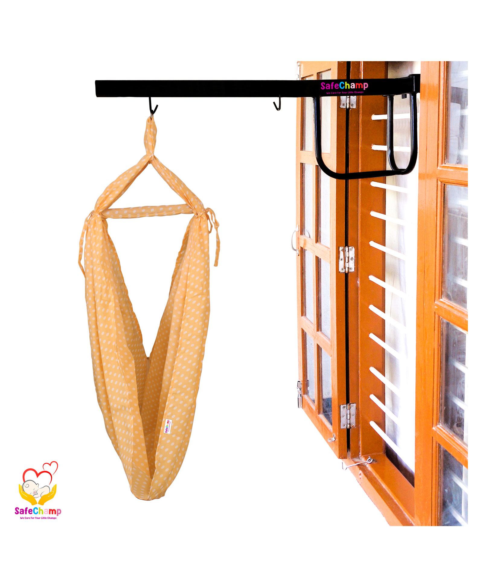 SafeChamp Polka Dots Baby Cradle Cloth with Seperator And  Metal Window Cradle Hanger  - Orange-image-16